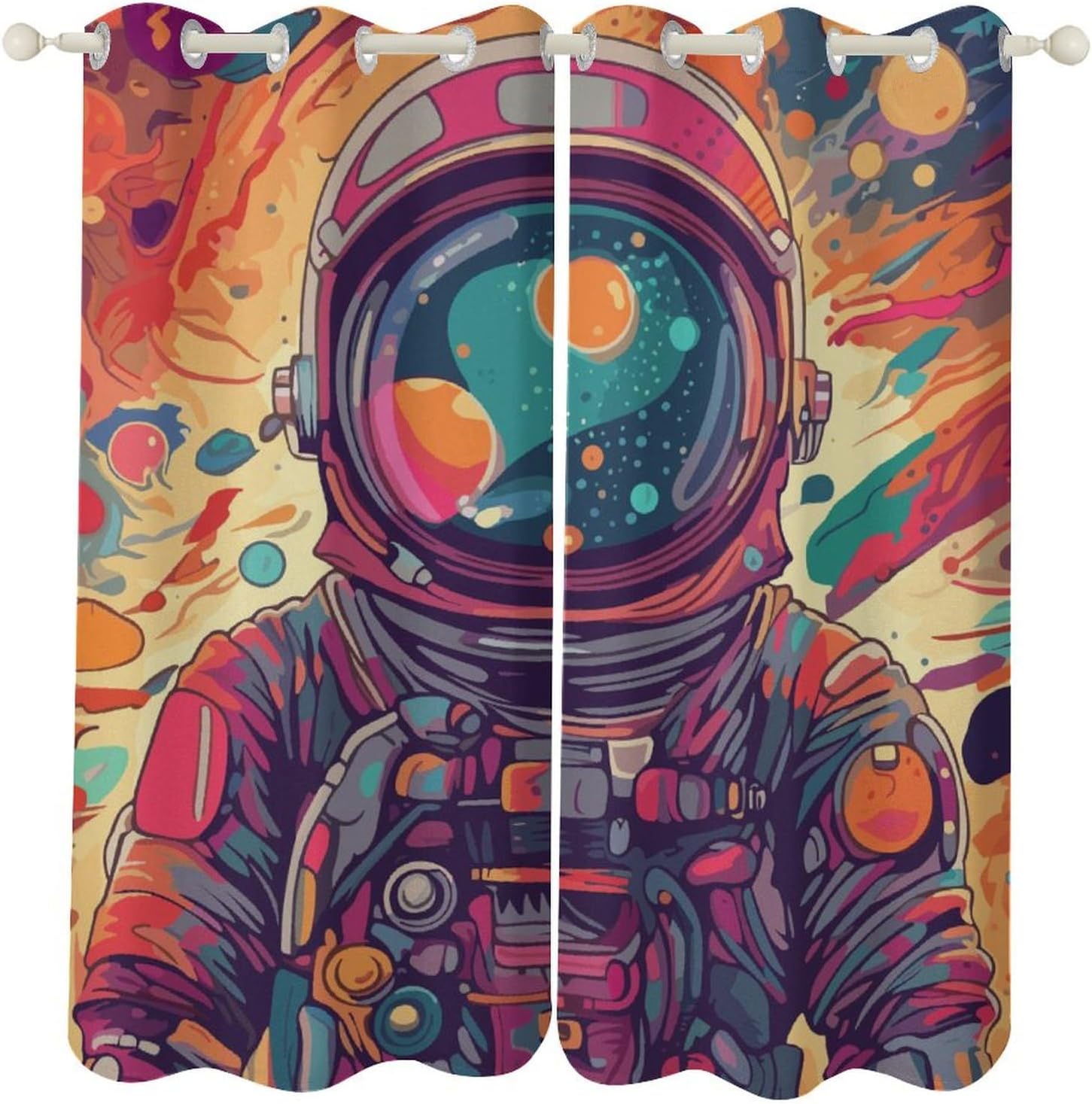 Cute Cartoon Planet Kids Curtains, Solar System Astronaut Colorful Universe Decor Pattern Window Treatments, Grommet Thermal Insulation Drapes for Boys Children's Room Nursery, 42x45inch (2 Panels)