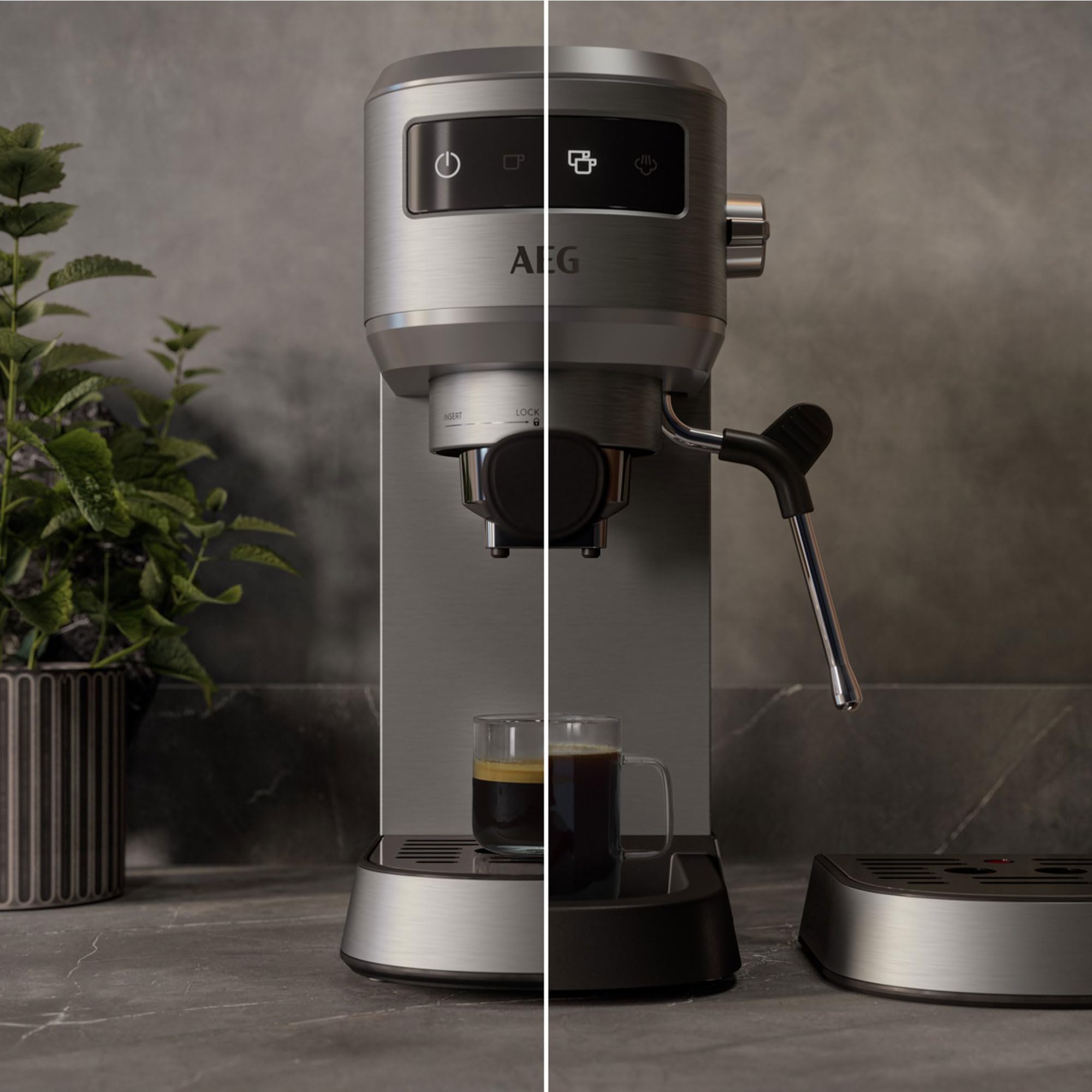 AEG Cafetera Espresso Compacta EC6-1-6ST, 15 Bares, Café Molido y Monodosis, Pantalla Táctil, Espumador de Leche, Depósito 1L, Apagado Automático, Inox
