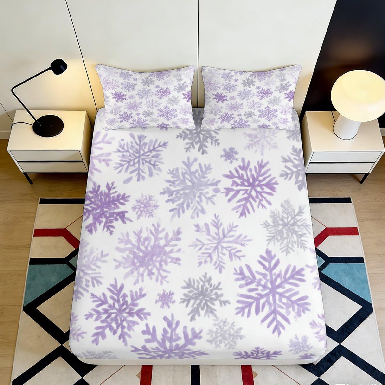 3D Printed Snowflake Fitted Sheet Microfiber Deep Pocket Bedroom Bedding Snowflake Mattress Fitted Cover Non-Slip Full Wrap Washable 180x200x25cm