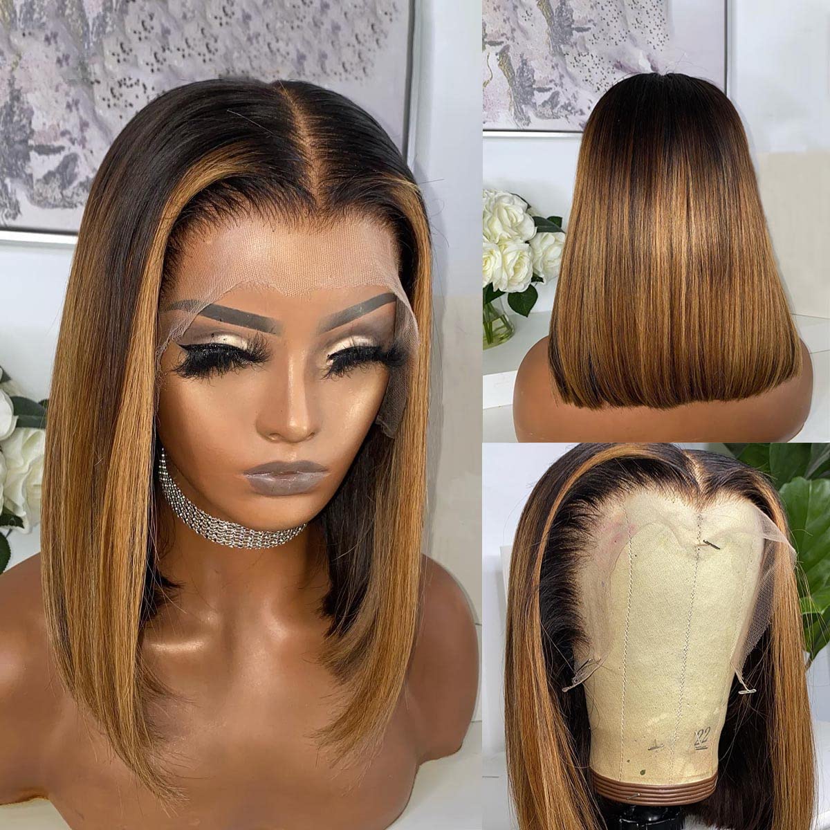 13X4 Deep Part HD Highlight 27 Colored Short Bob Lace Front Wigs Honey Blonde Lace Front Wig Human Hair Brazilian Invisible Lace Front Wigs Pre Plucked With Baby Hair (12 INCH, 27 BLONDE)