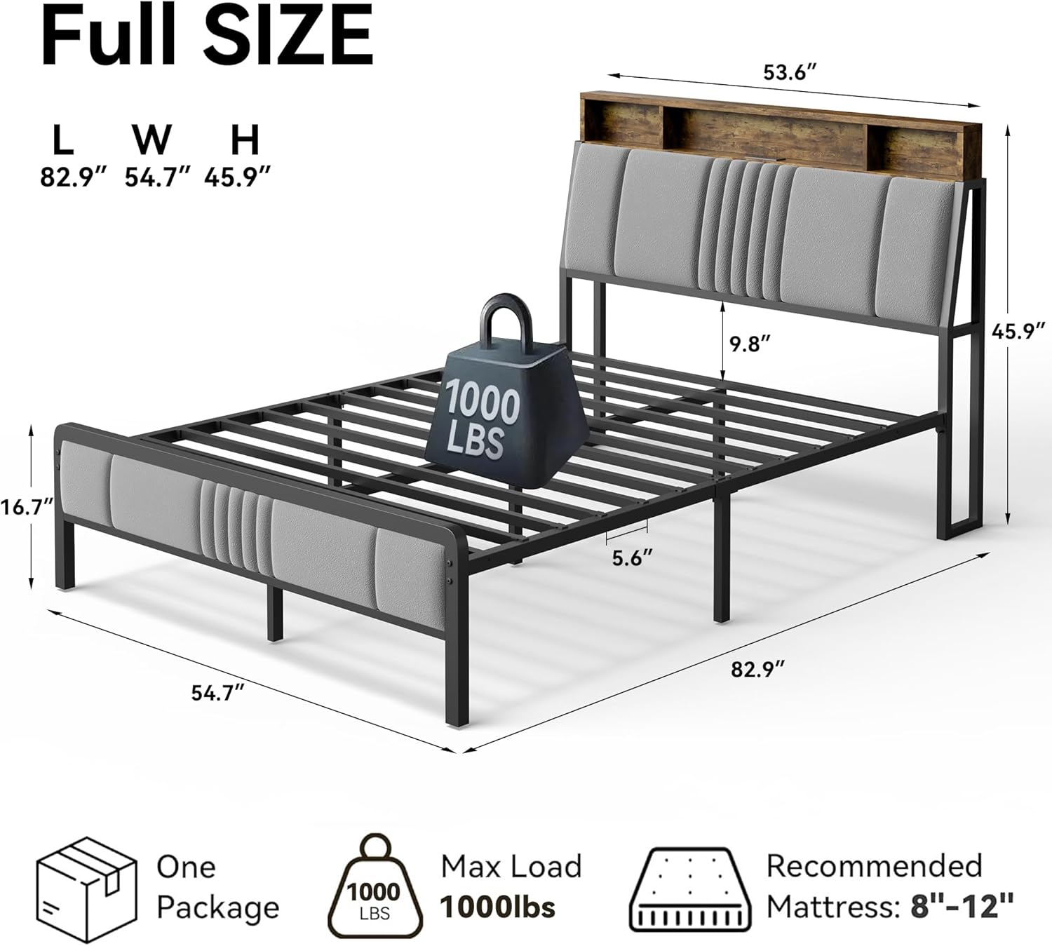 Full Size Bed Frame with Storage Headboard and Charging Station, Ergonomic Platform Bed Frame with LED Lights, Strong Metal Slat Support, No Box Spring Needed, Noise Free, Grey