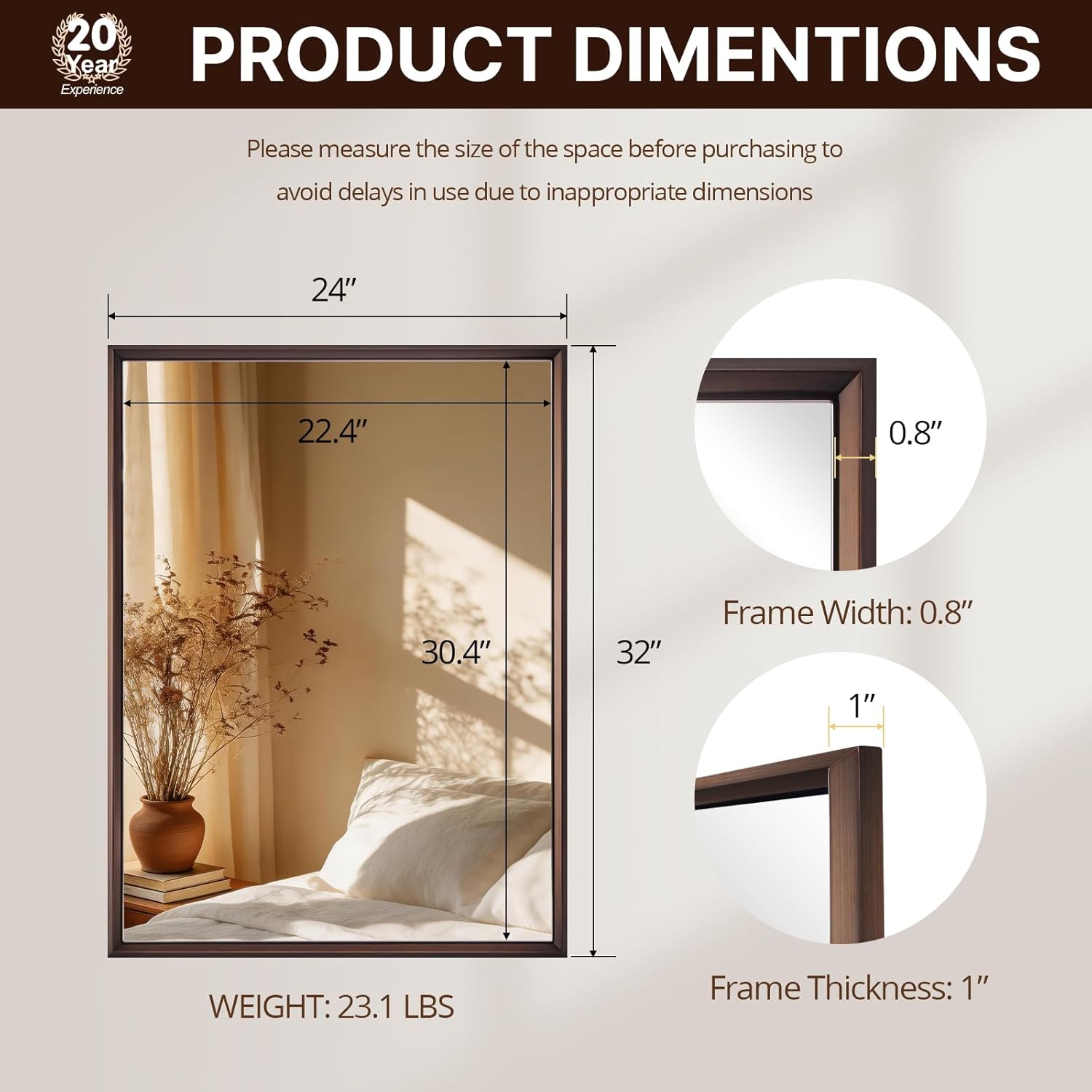 ANDY STAR Beveled Frame Bathroom Mirror, 24x32 Inch Bronze Vanity Mirror, Brushed Bronze Rectangle Mirror with Square Corners, Rust-Proof Stainless Steel Frame, Hangs Vertically or Horizontally