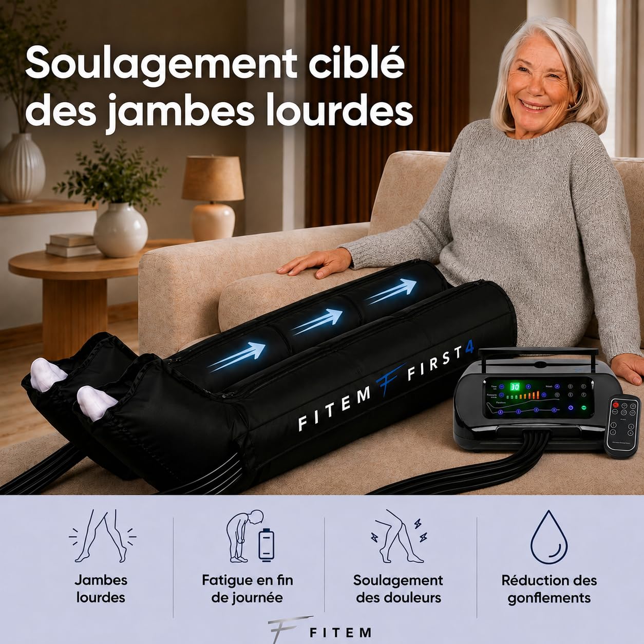 Bottes de pressothérapie jambes FITEM – Jambe lourde & drainage lymphatique | Amélioration Circulation sanguine jambe, massage fluide, confort toutes morphologies, utilisation simple, SAV français