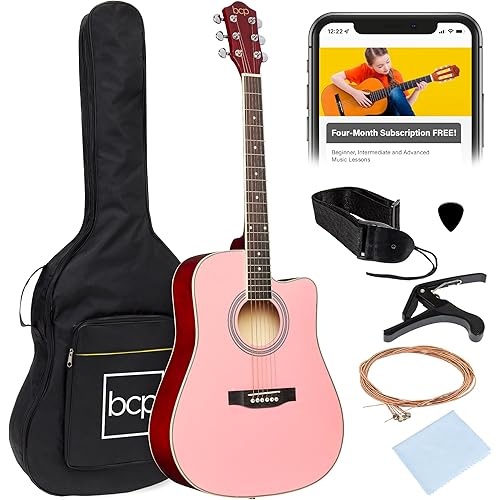 Best Choice Products 41in Beginner Acoustic Guitar Full Size All Wood Cutaway Guitar Starter Set w/Case, Strap, Capo, Strings, Picks - Pink