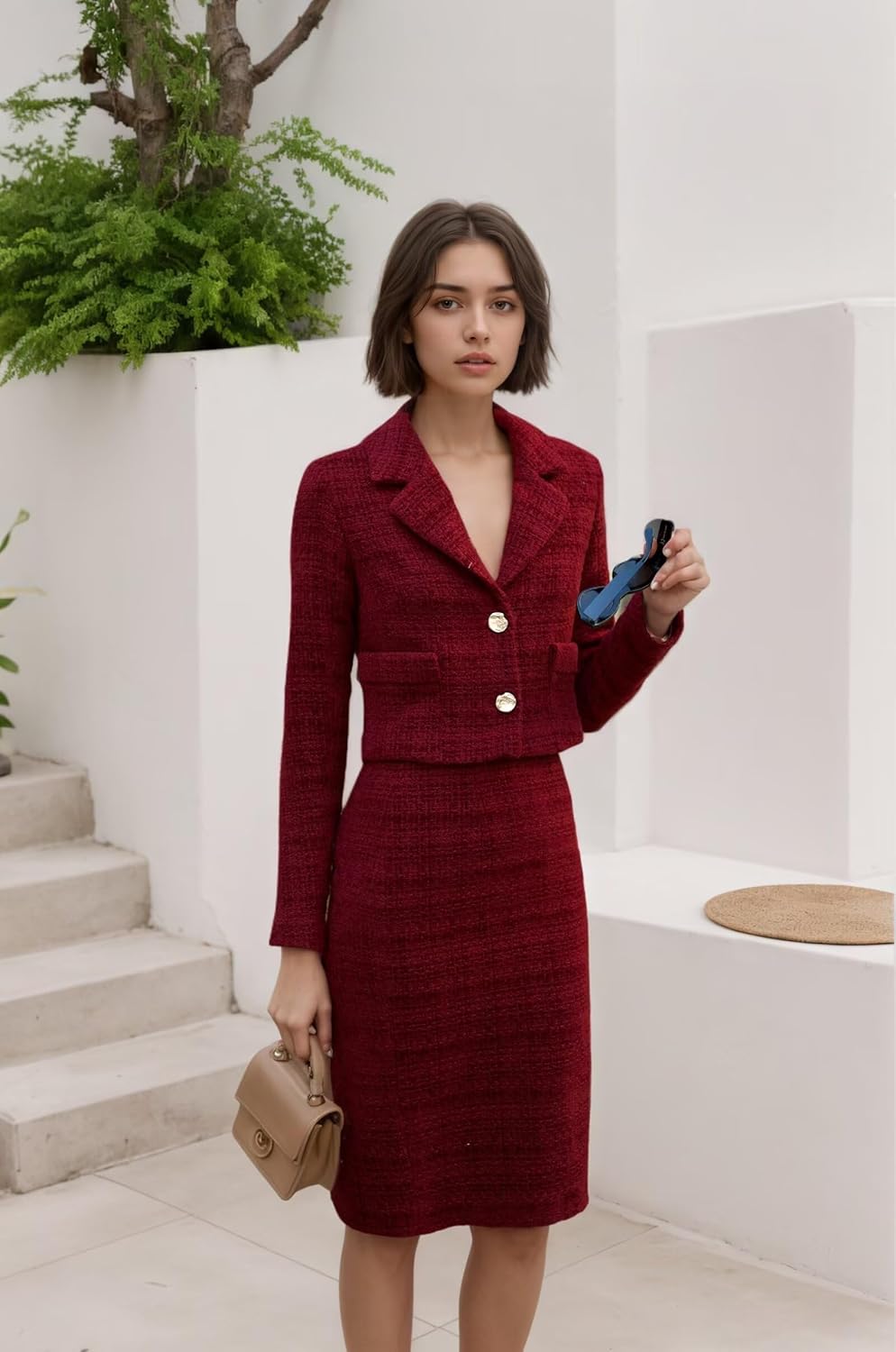 Tweed Womens Skirt Suit 2 Piece Sets Business Dressy Blazer Jackets ans Pencil Dress Long Sleeve Casual Outfits