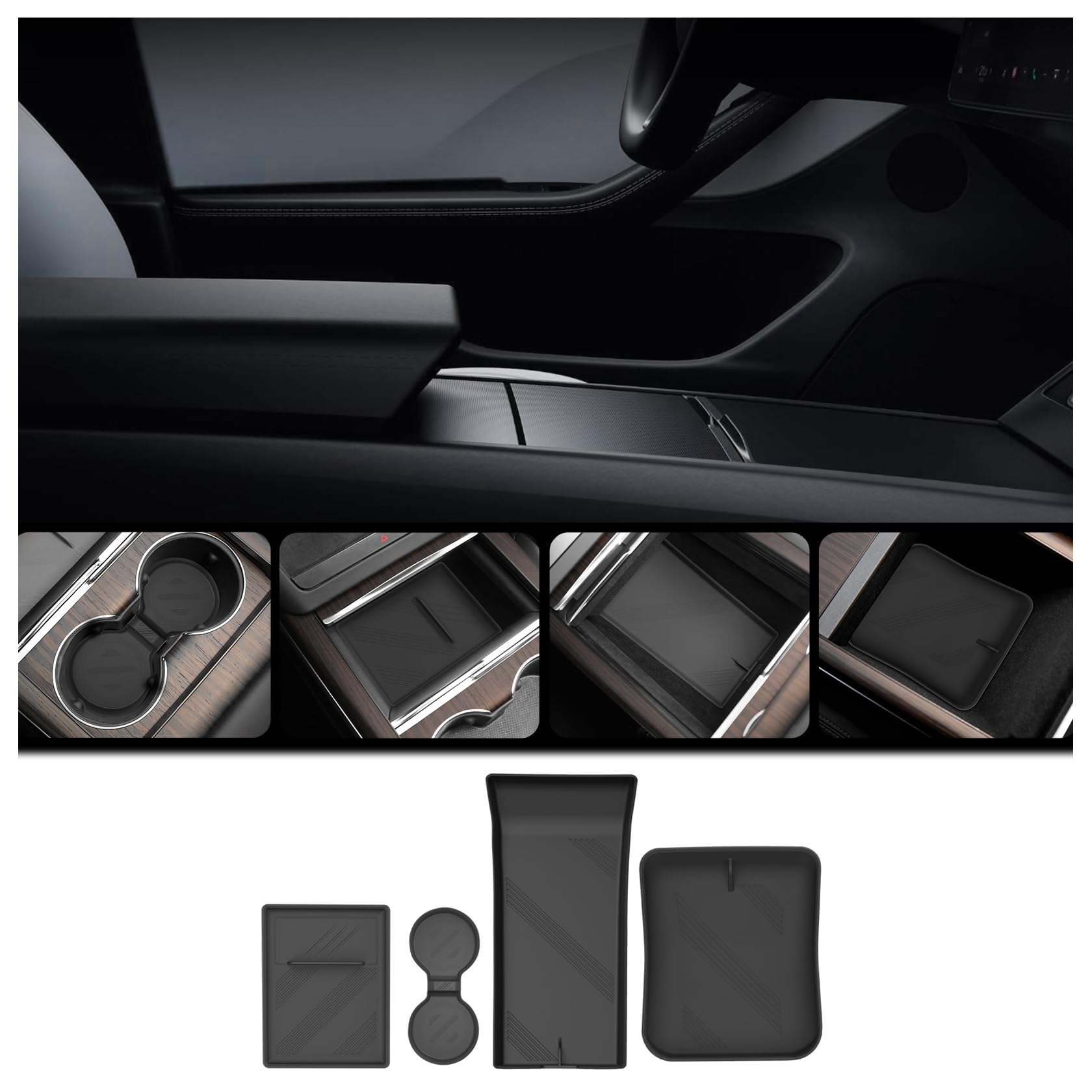 Cup Coaster, Upper & Lower Center Console Organizer Tray Pad and Armrest Storage Mat for 2024 2023 2022 Tesla Model X/S Accessories, Full Set Interior Insert Mats, Silicone Black