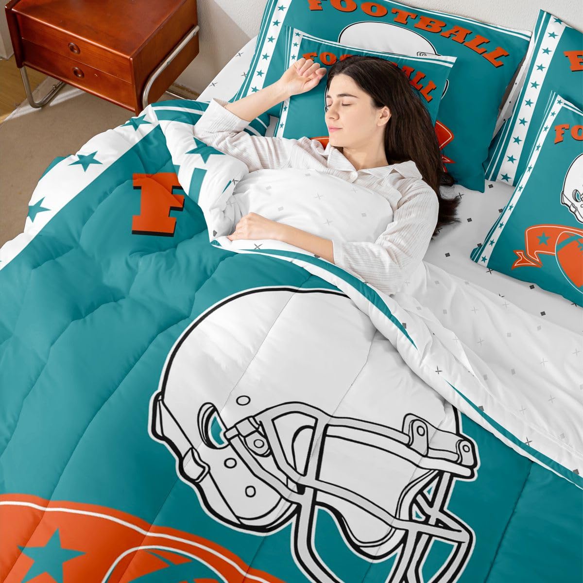 Miami Bettdecken-Set für Sportfans, Motiv: American Football Team, Delfin-Bettwäsche-Set für Sportfans, 1 Bettdecke, 1 Bettlaken, 1 Spannbetttuch, 2 Kissenbezüge, 2 Kissenbezüge (Miami)
