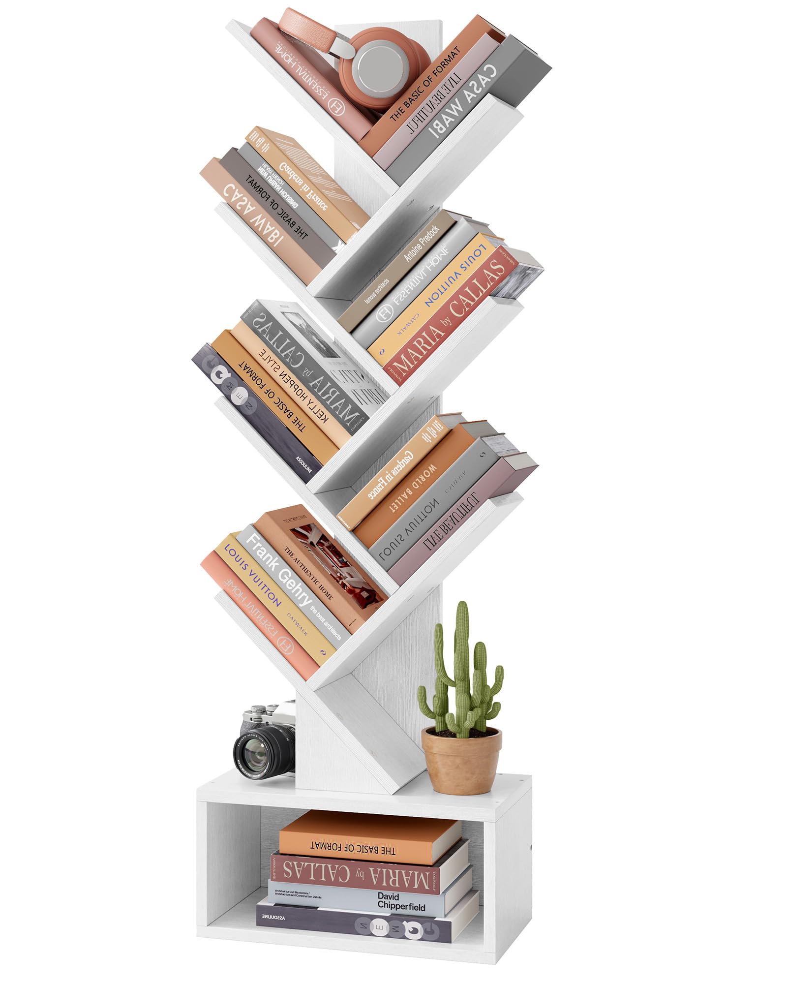 Hoctieon 6 Tier Tree Bookshelf, Tall Bookcase with Drawer, Freestanding Book Shelf, Display Floor Standing Storage Shelf, Book Organizer Shelves for Home Office, White
