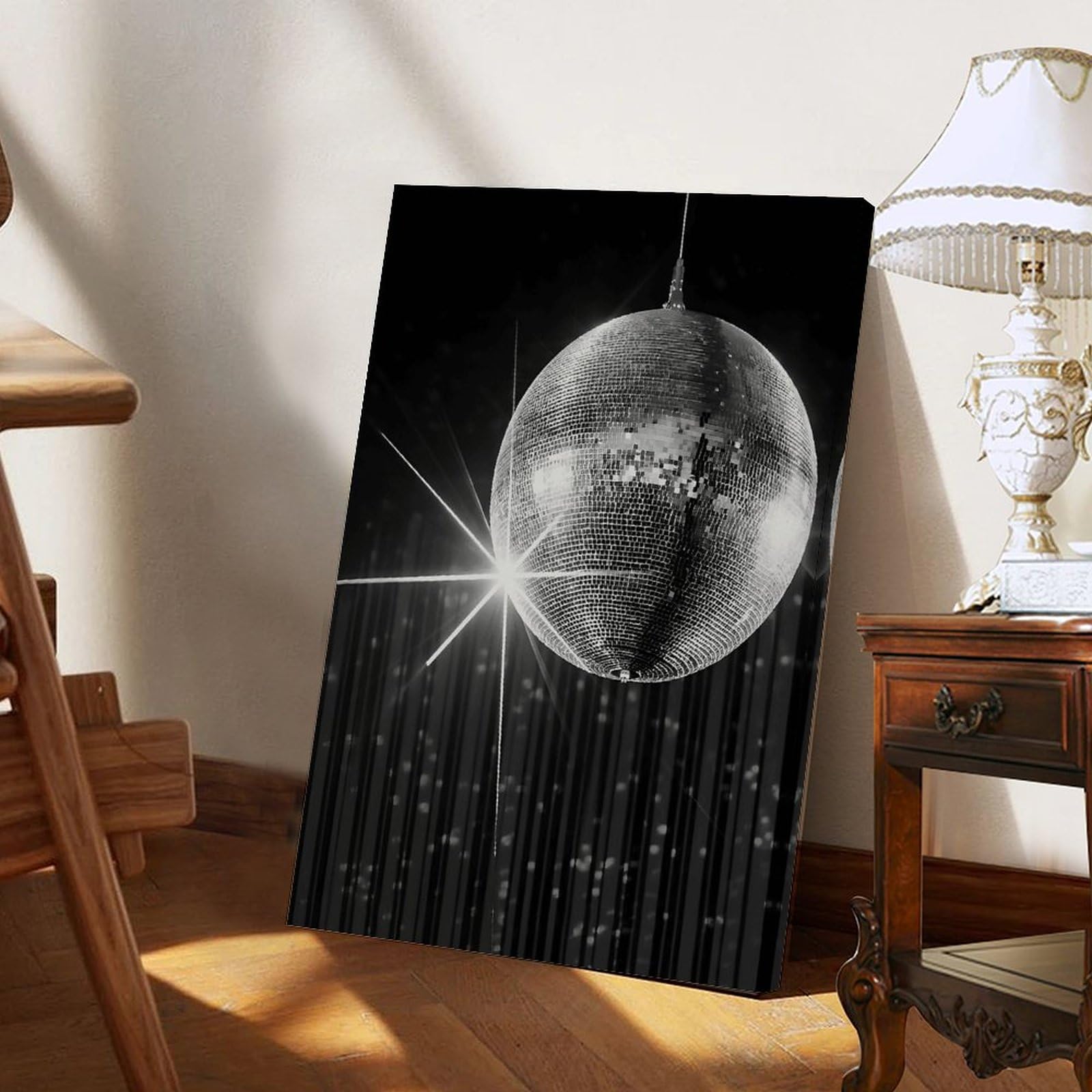 Black And White Disco Ball Poster Funky Retro Disco Posters Vintage Disco Ball Painting Trendy Party Wall Art for Modern Bar Dorm Bedroom Decor Frame-style 12x18inch(30x45cm)