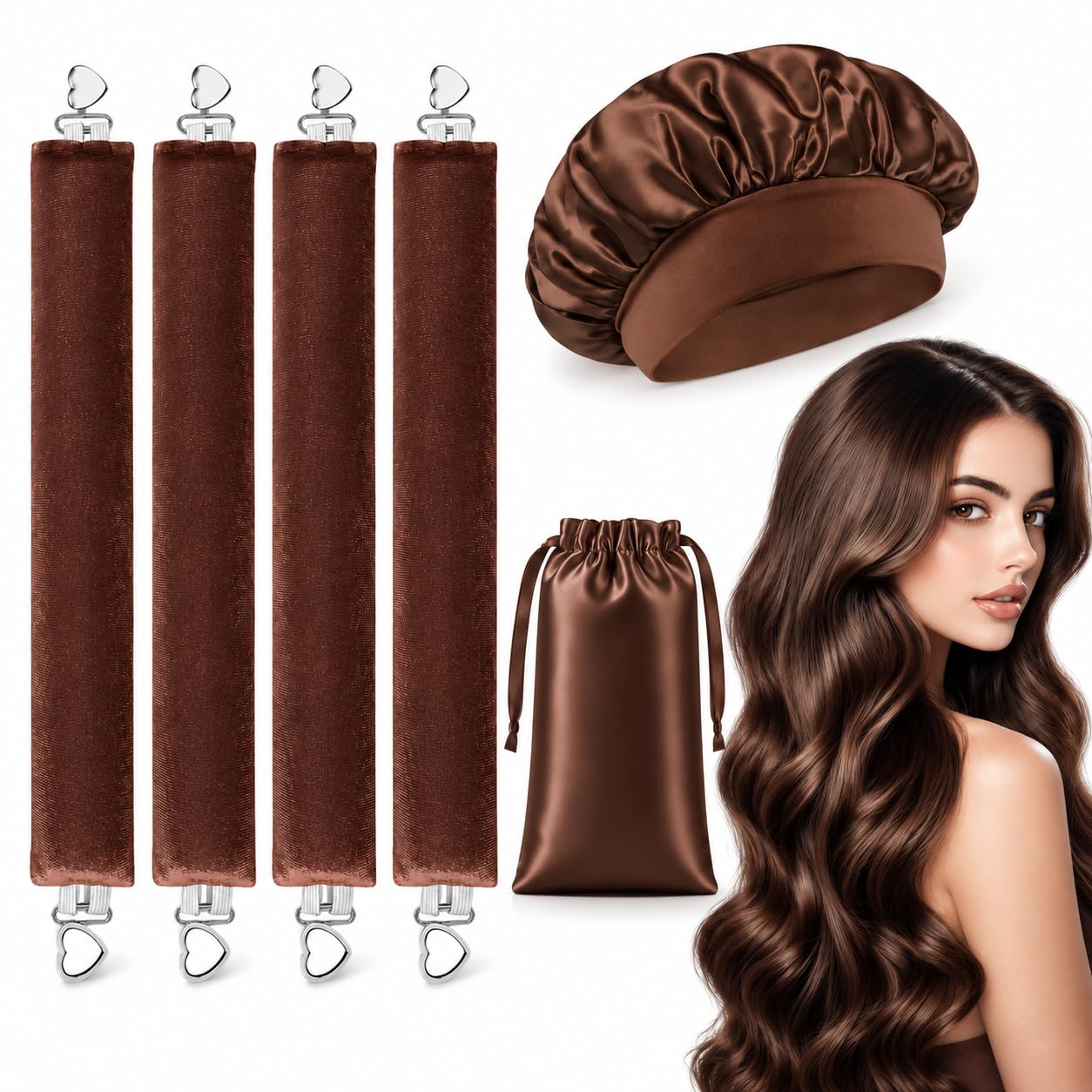 Heatless Curls Overnight Hair Rollers Set 4 Rods with Satin Cap Brown