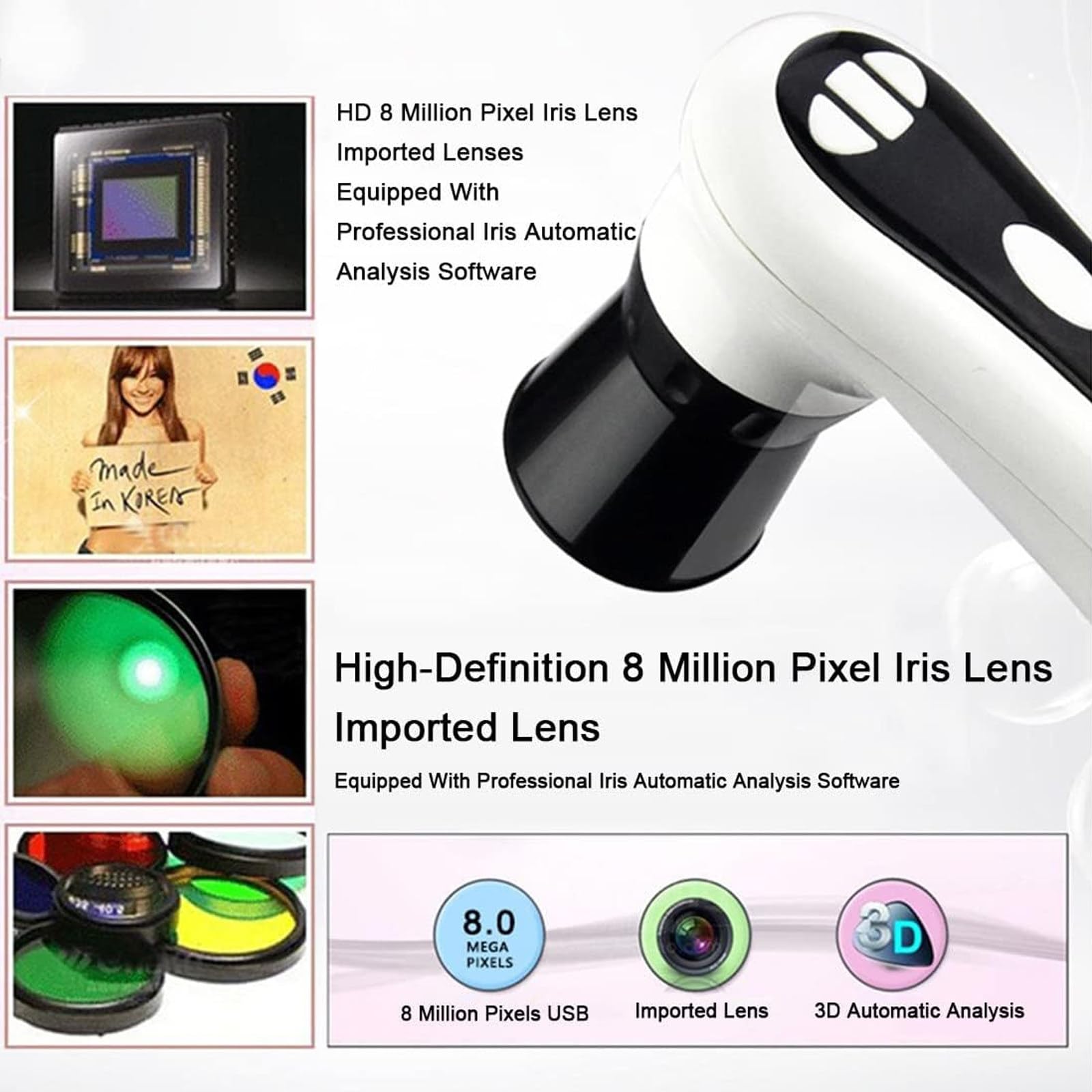 Iriscope USB per PC - Telecamera Iridologica Zoom 8MP, Analisi delle lenti dell'iride HD 30x Software per l'iride inglese Pro per Archiviazione/Confronto, Strumento Diagnostico Medico