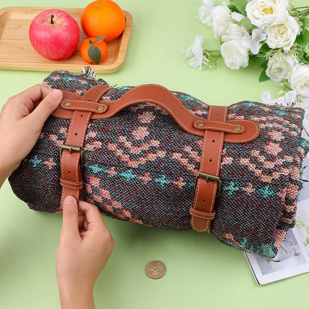Portable PU Leather Handle Belt Rug Carrier Leather Picnic Blanket Carry Strap Brown Outdoor Motorcycle Bedroll Adjustable Yoga Mat Strap Holder for Carpet Home Camping Travel Beaches image 3