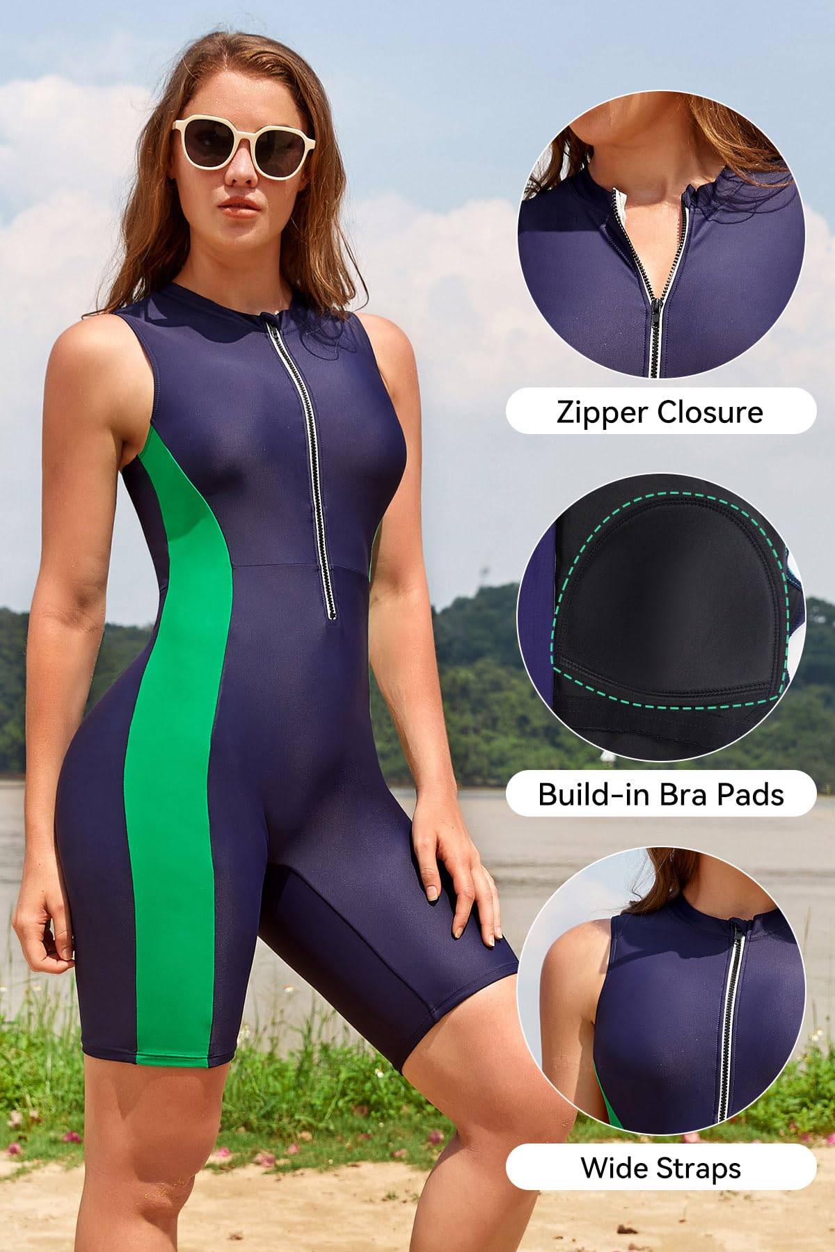 SHEKINI Maillots de Bain Femme Une Pièce Zipper Surfwear Bikini Rash Guards Sports Amincissant Modeste Body Shaping Boxershorts