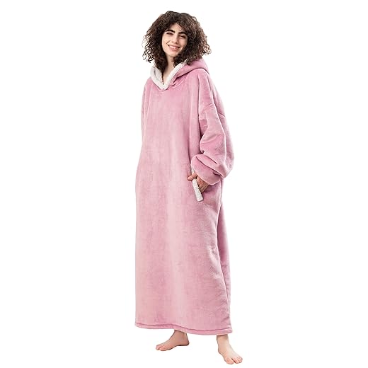 HBlife Oversized Long Wearable Blanket Hoodie for Adult, Thick Sherpa Sweatshirt with Elastic Sleeves and Giant Pockets Warm and Cozy Fuzzy Plush Fleece Blanket Jacket, Pink