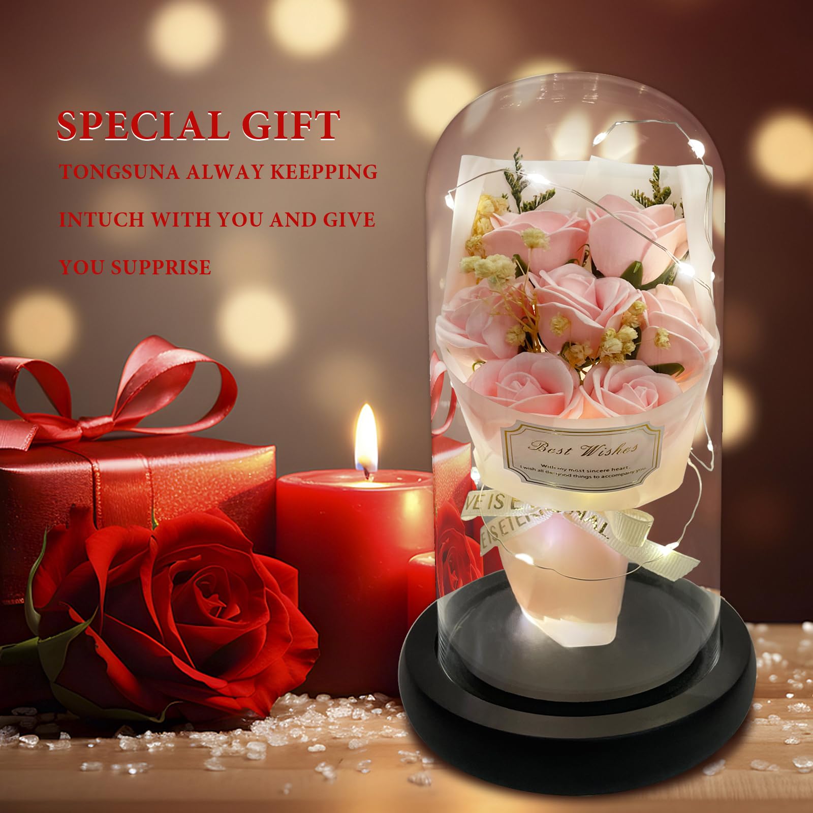 Cadeau pour elle - Bouquet de fleurs éternelles - Dôme en verre préservé - Lumière LED - 100 langues - Collier pour la fête des mères, un anniversaire, la Saint-Valentin - Cadeau romantique pour femme