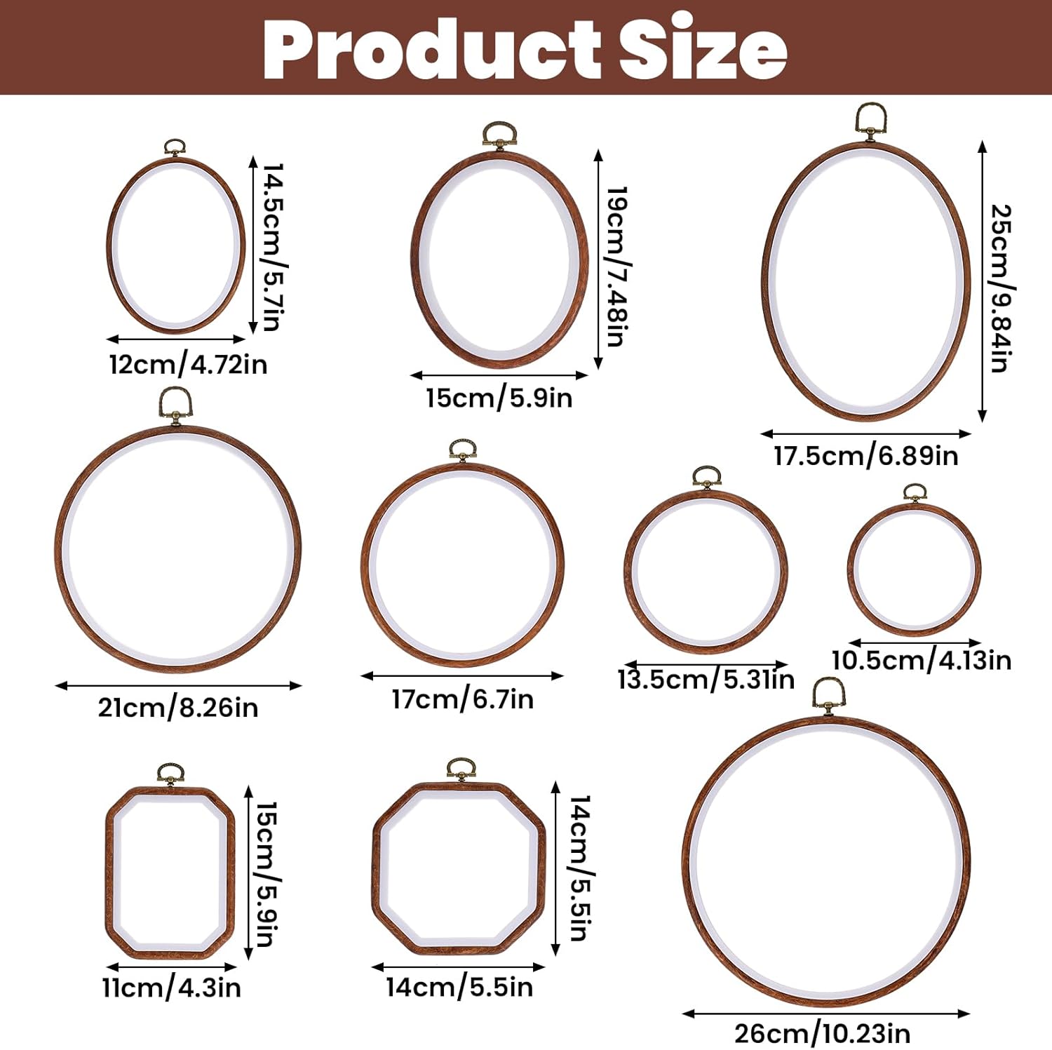 10 Pcs Decorative Embroidery Hoop Frame, Large Imitated Wood Embroidery Hoops, Circle Oval Octagonal Cross Stitch Hoop, Display Frame for Art Craft DIY Sewing Hanging Ornaments Decor