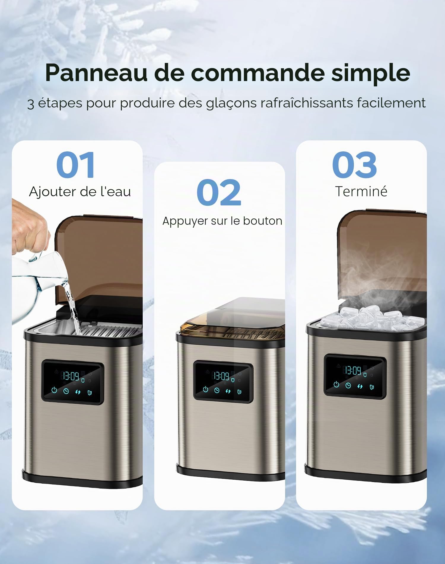 Machine a glacons Acier inoxydable machine a glace machine a glacon avec écran LED et fonction de nettoyage 2 tailles de glaçons 2 litres pour la cuisine le bureau le bar et les fêtes