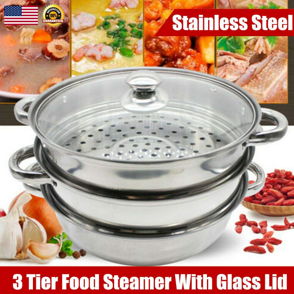 3 Tier Stainless Steel Steamer Steaming Pot Cookware Set w/Vented Glass Lid for Dumplings/Vegetables/Fish/Poultry, Induction Compatible (Silver)