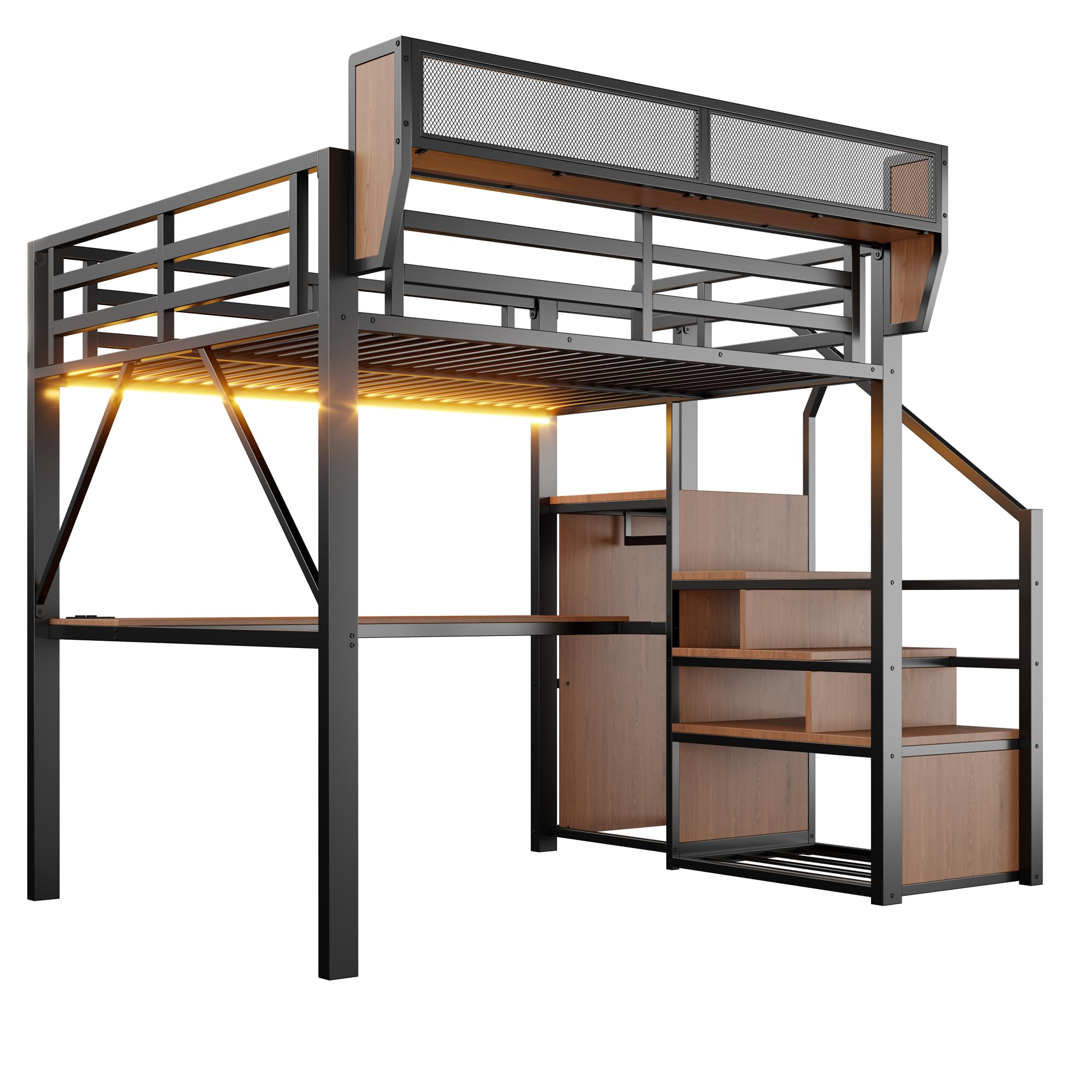 Lcoho Hochbett (140 x 200 cm), Metallbett, langem Schreibtisch, Sicherheitsleiter und flexiblem Stauraum – universelles Metallbett für Erwachsene und Kinder – Schwarz