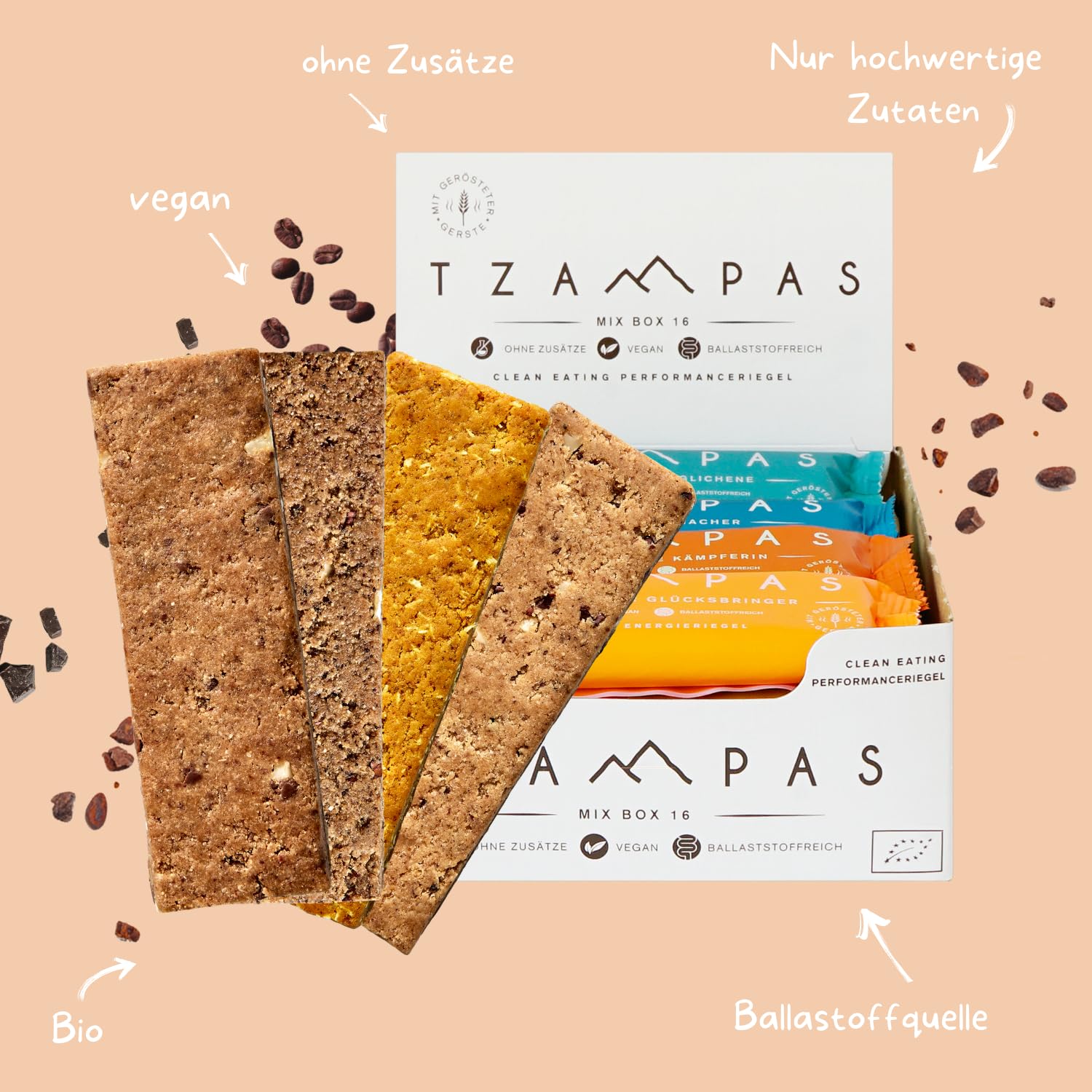Best of TZAMPAS Mix Box Groß (16x40g) - Energieriegel aus gerösteter Gerste in der Snack Box - Power Riegel | Energieriegel geeignet für Radsport und Trailrunning - Bio Riegel vegan & ohne Zusätze