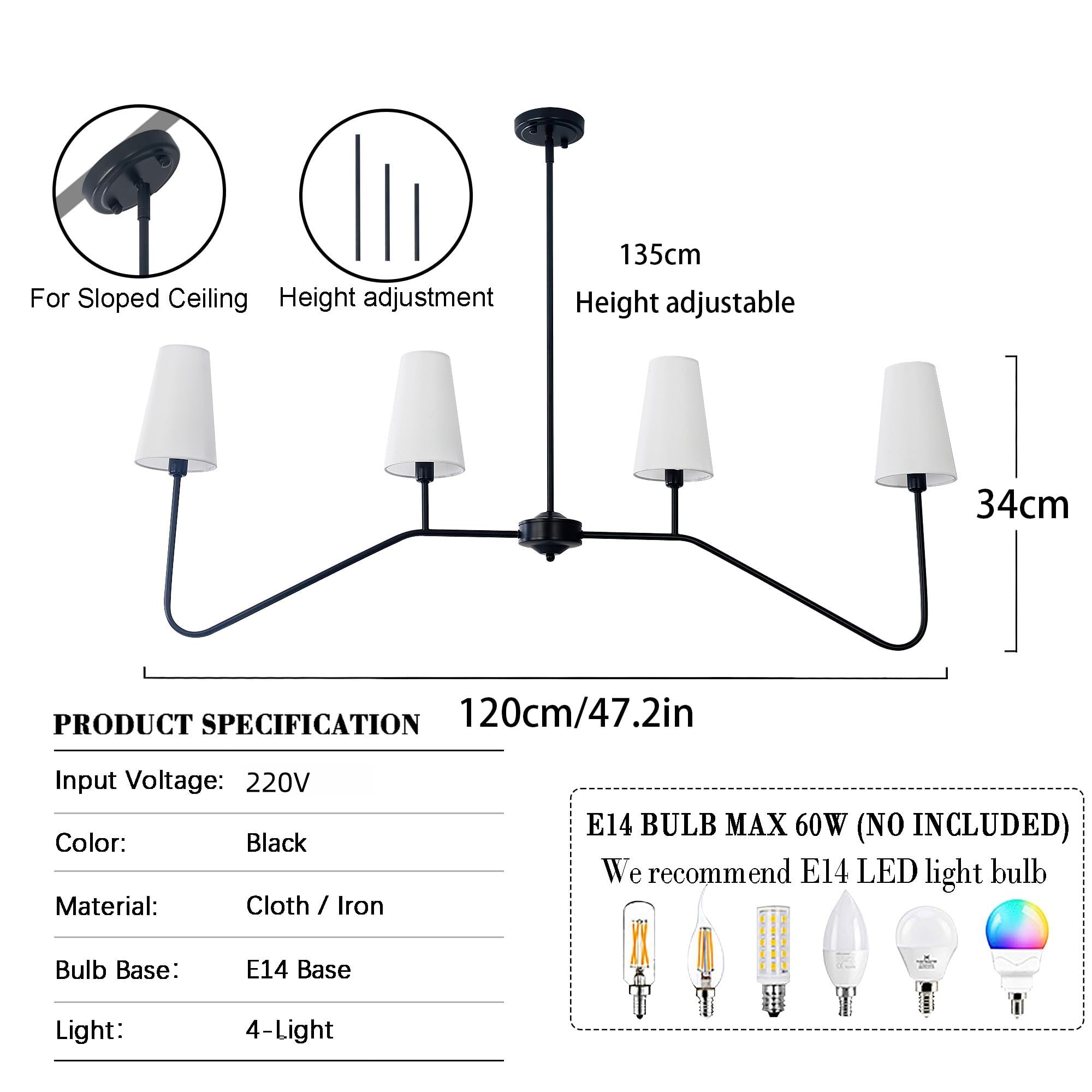 Nowoczesny żyrandol do salonu, liniowa lampa wisząca na wyspie kuchennej z abażurem z białej tkaniny, zawieszenie z regulacją wysokości do salonu sypialni, przedpokoju (czarna, 4 głowy)