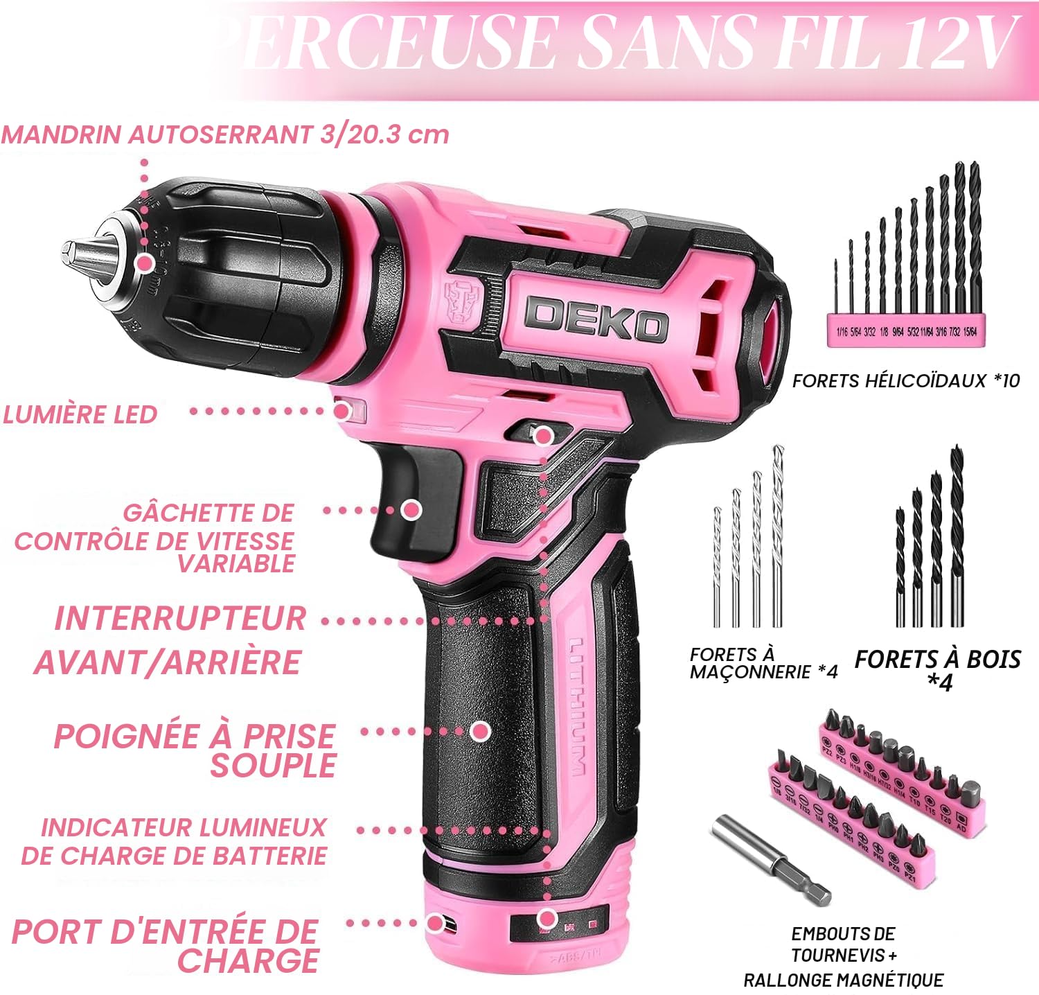 boite a outils complete 133 pièces - DEKO PRO Mallette à outils rose pour réparations domestiques et bricolage, avec perceuse visseuse électrique 12 V pour percer et serrer/desserrer les vis