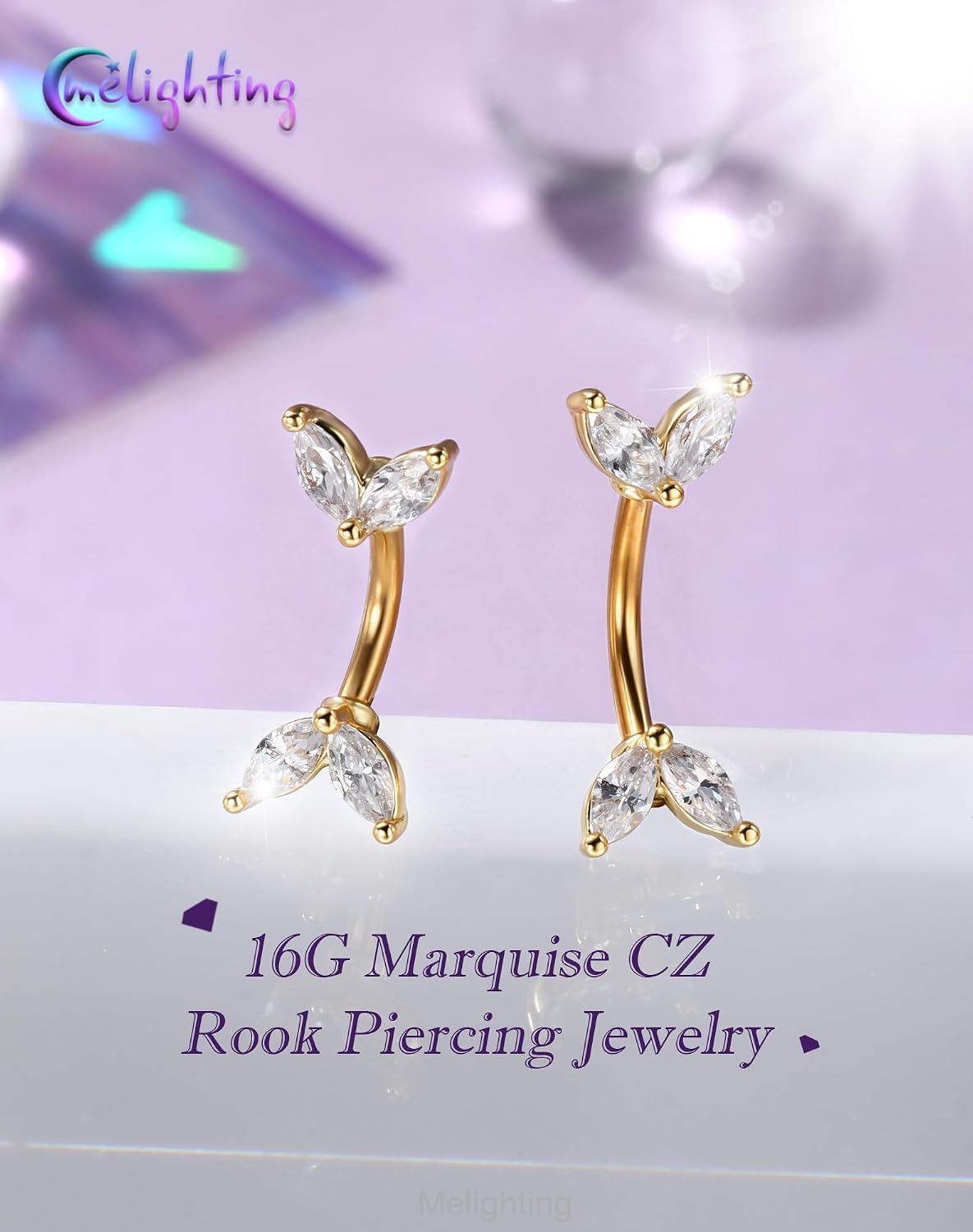 Melighting 16G Gold Rook Earring Stainless Steel, 6/8 mm Eyebrow Piercing with Clear Marquise CZ, Minimalist Eyebrow Ring Rook Lobe Piercing Jewelry for Women