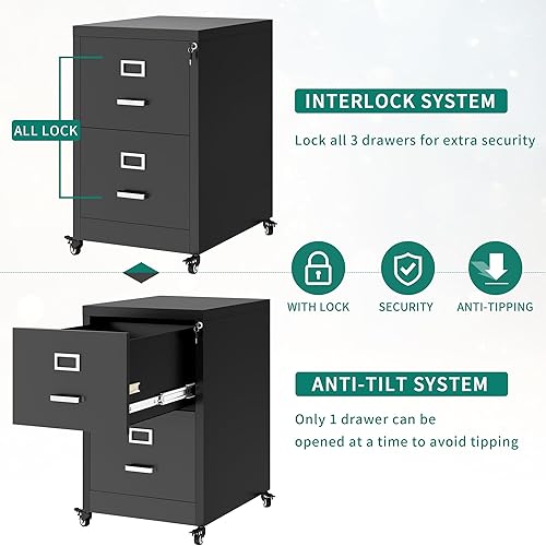 Miniatura 6 de YITAHOME Archivador vertical de 2 cajones, archivador móvil de metal con cerradura, archivador debajo del escritorio para tamaño legalcartaA4,