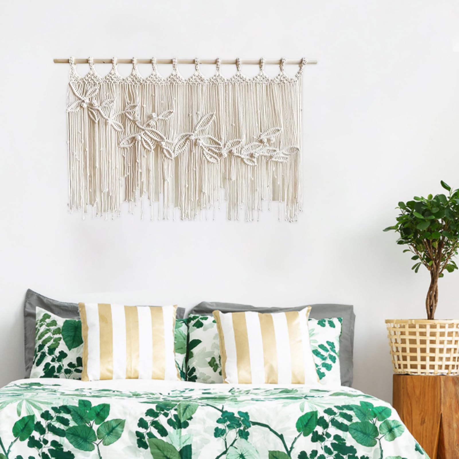 Rideaux en macramé avec perles de bois tissées, tenture murale, rideau de porte court pour une utilisation en extérieur, 100 x 80 cm, motif libellule séparateur de pièce décoratif