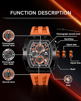 TSAR BOMBA Men's Watch Tonneau Design 50M Waterproof Chronograph Luxury Watches for Men with 316 Stainless Steel Case Square Sport Military Work Wristwatch with 22mm Watch Strap Stylish Men's Gift
