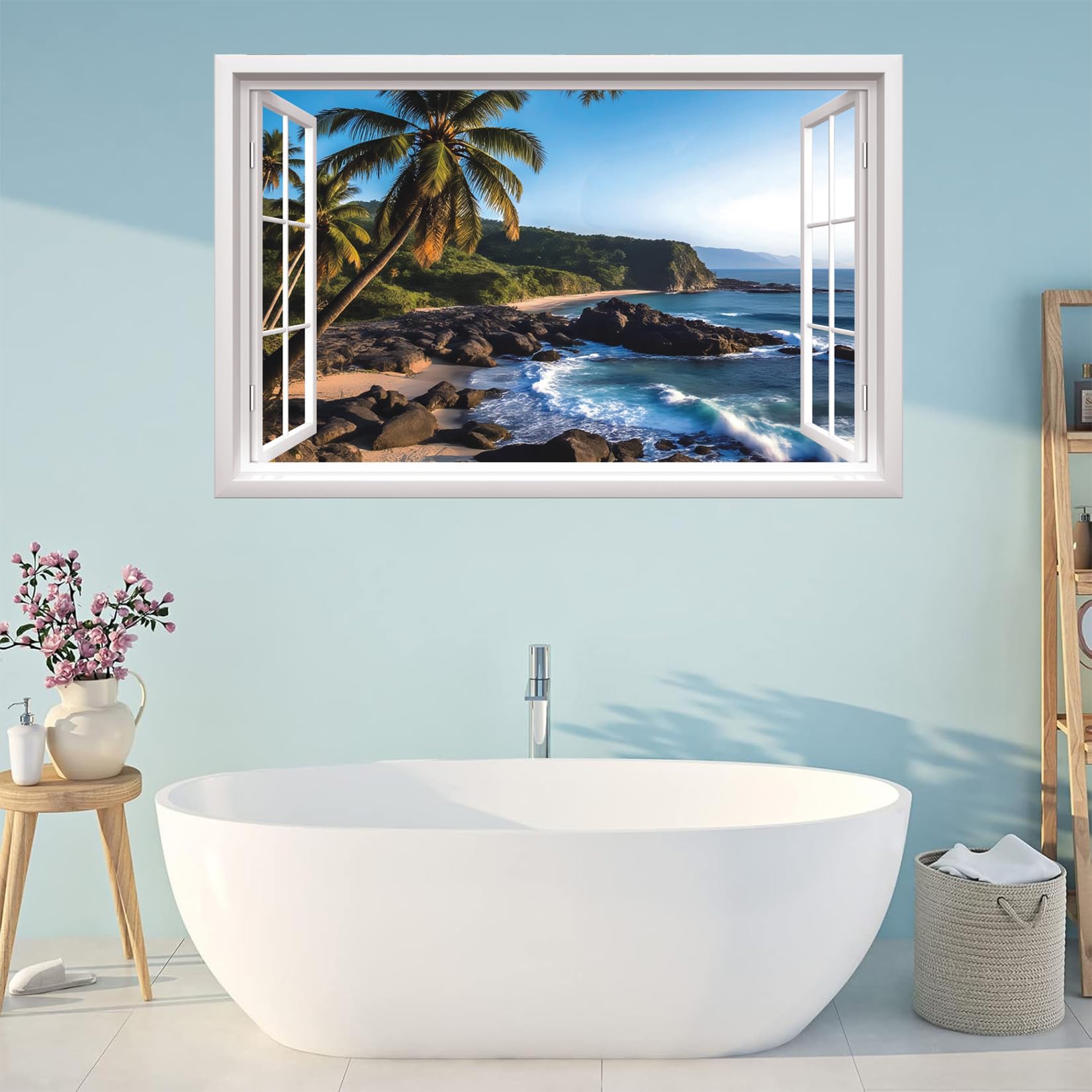 ANHUIB 3D Fake Window Wall Sticker 3D Seaside Landscape Wall Stickers 3D Sea View Wall Art for Living Room Sea Scenery Wall Decals for Bedroom Bathroom Removable Seascape Decals Mural Decor 84×52cm - Image 3