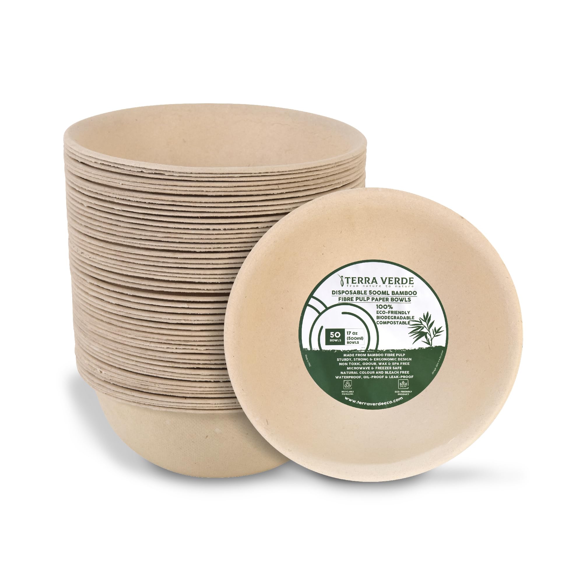 Terra Verde 50-Pack Bamboo Fibre Disposable Bowls – 500ml Natural Colour, Non-Bleached – Eco-Friendly, Biodegradable & Extra Strong – Compostable Bowls for Hot & Cold Food, Soup, Salad, Party & Picnic
