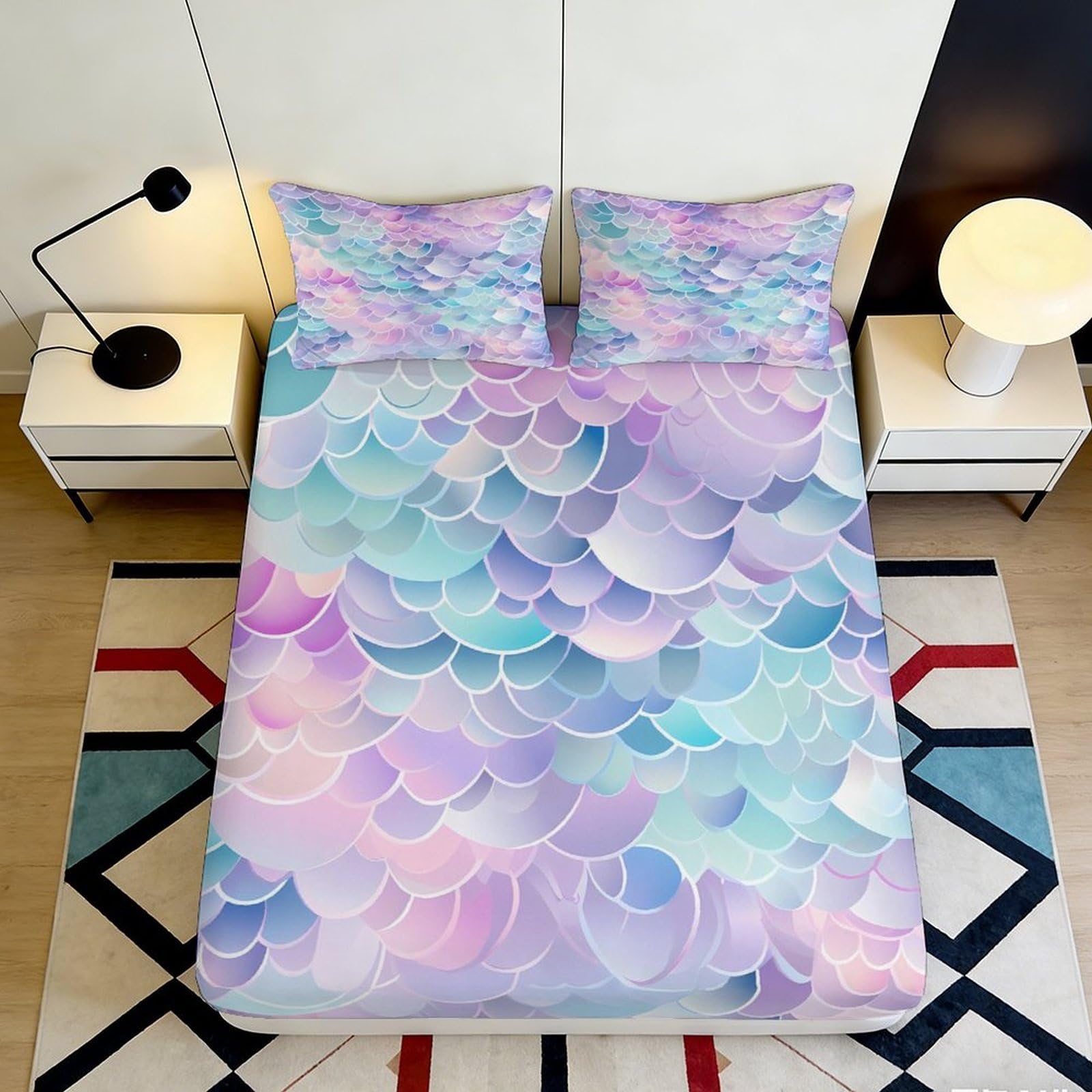 3D Printed Pastel Gradient Scales Fitted Sheet Microfiber Soft Breathable Rainbow Pattern Bed Cover for Bedroom Dormitory Guest Room Mattress Protection 180x200x25cm