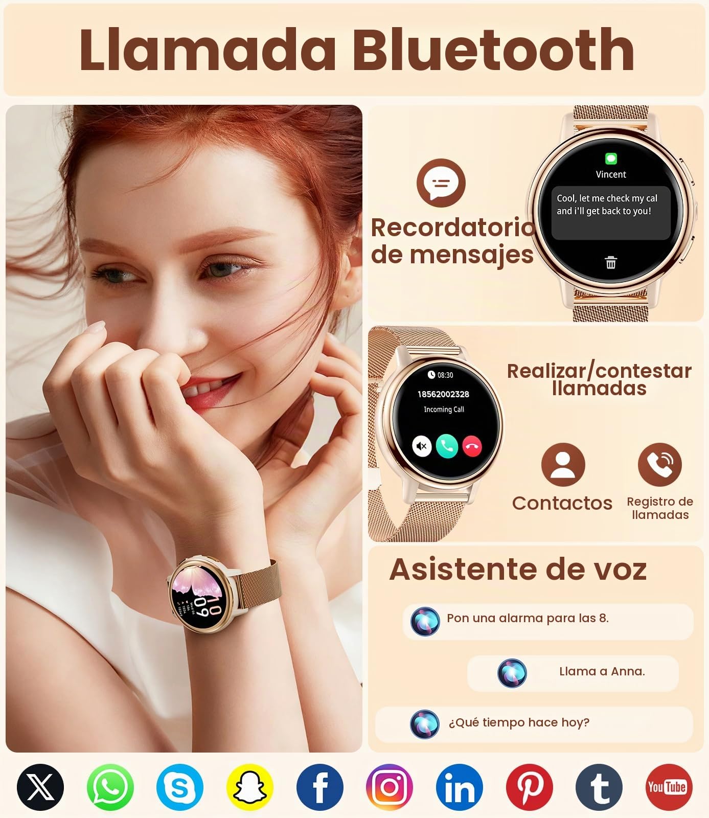 Reloj Inteligente Mujer con Linterna LED, 1,26'' HD Pantalla Elegante Smartwatch con Llamadas, 110+ Modos Deportivos, IP68 Impermeable, Ciclo Menstrual/Monitor de Sueño para iOS y Android, Oro Rosa