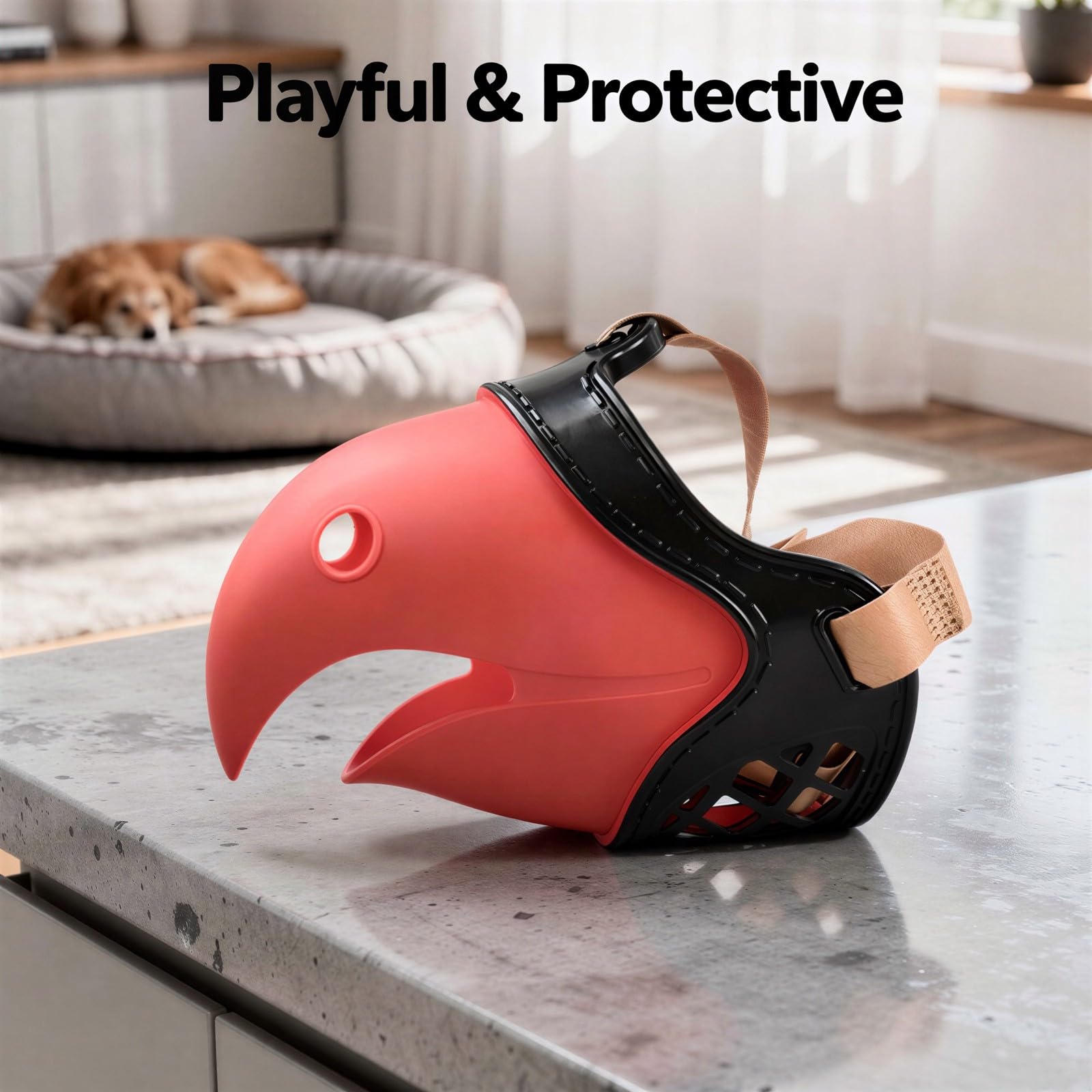 Muserolle pour Chien Taille 7, Forme Bec de Perroquet, pour Chiens de 15 à 20 kg, réglable pour Limiter mordillements et aboiements, élastomère Noir Rouge, Ouverture pour la Langue, 15,7 x 5,1 x 4,7