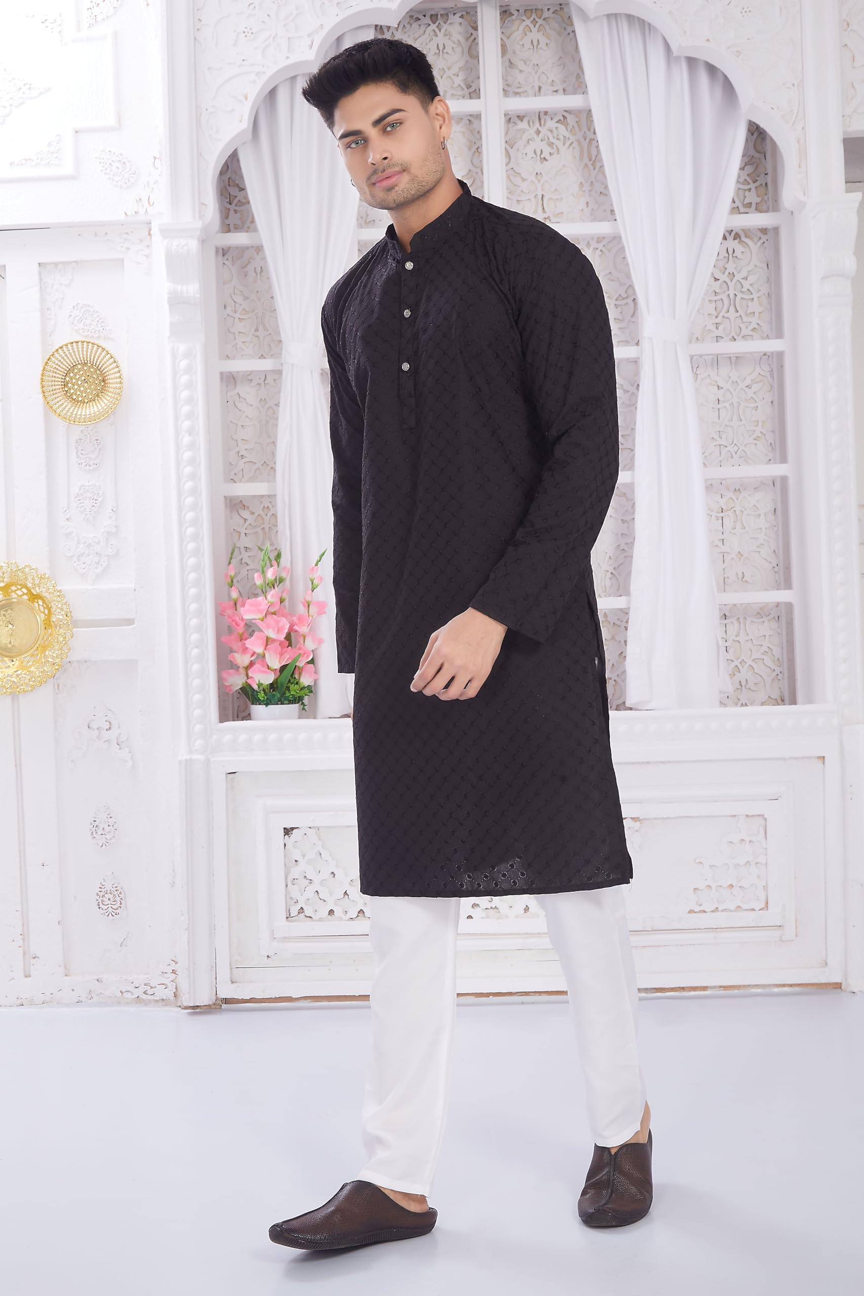 Divisive Men's Thread Embroidered Cotton Only Slim Fit Kurta (Dkrt635_S_Black)