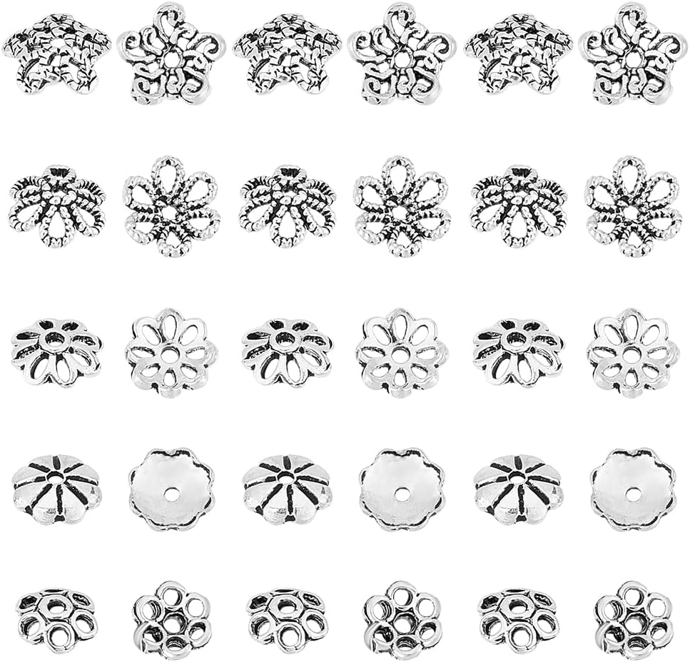 PH PandaHall 30pcs Tibetan Flower Bead Caps, 925 Sterling Silver Bead Caps Bead End Caps Antique Sliver Spacer Beads Caps Filigree End Charm Caps Bails for DIY Earring Braceket Necklace Jewelry Making