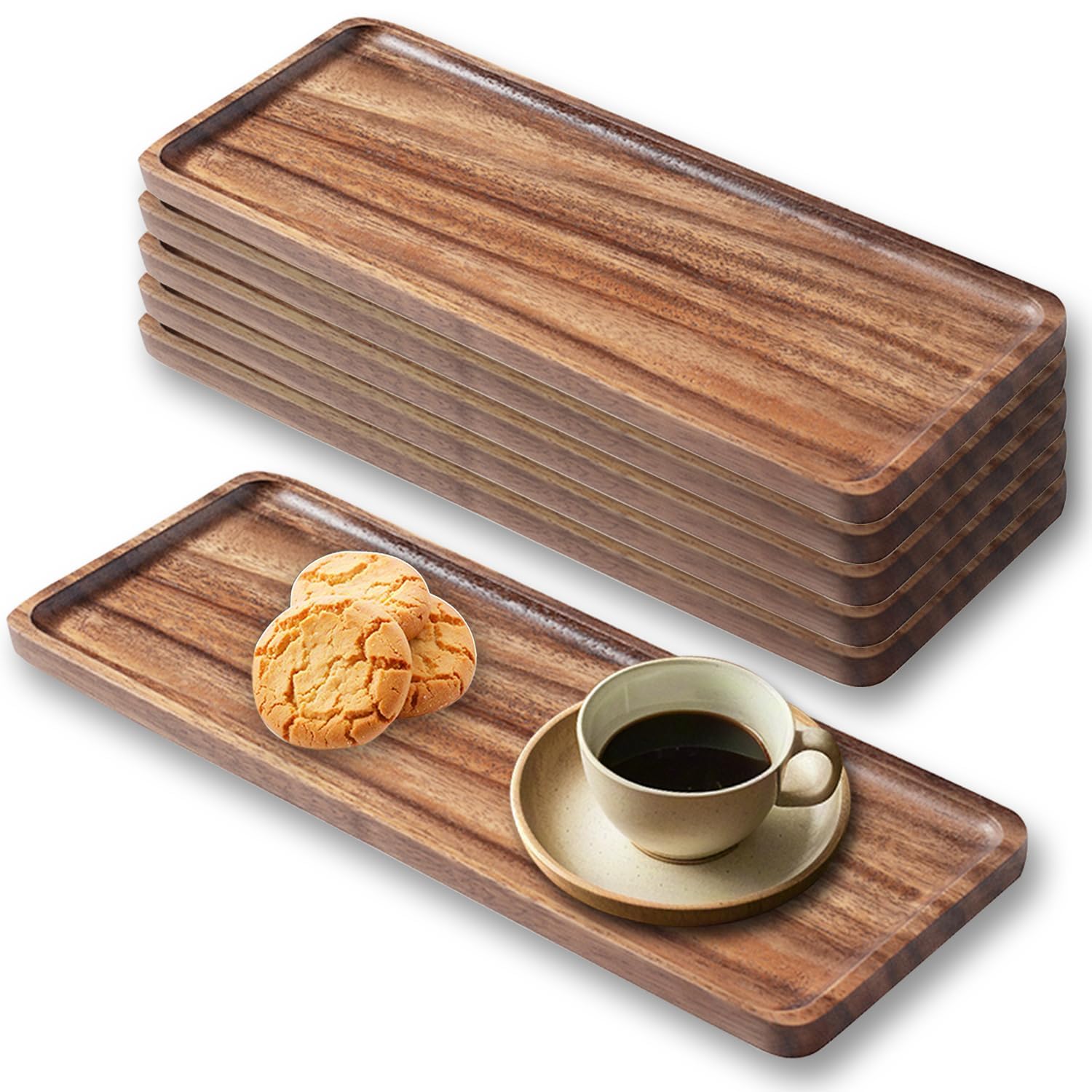Vassoio da portata in legno di acacia, tagliere rettangolare in legno per servire cibo, frutta e formaggio, 35 x 14 cm, vassoio da dessert in legno (6)