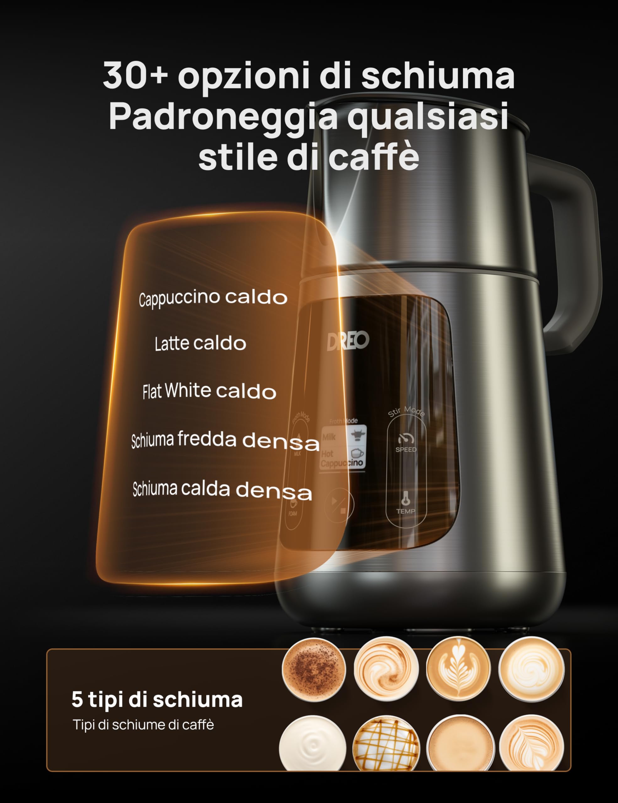 DREO Montalatte Elettrico [Aggiornato], Frullino Montalatte All-in-1 da 450ml per Latte, Cappuccino, Cioccolata Calda, Oltre 30 Bevande, Facile da Pulire, Lavabile in Lavastoviglie, Display LED