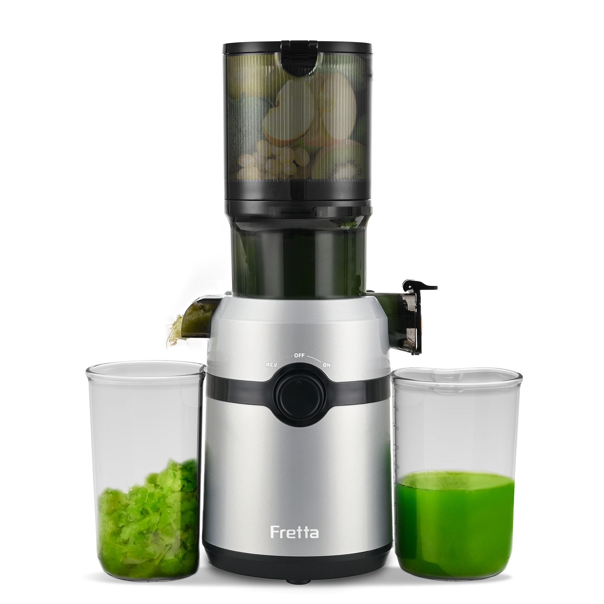Juicer Machines,Fretta Cold Press Juicer Machines with American-Sourced PCTG Material,Fit Whole Fruits &amp; Vegetables,Easy to Clean,Truly BPA-Free,Silver