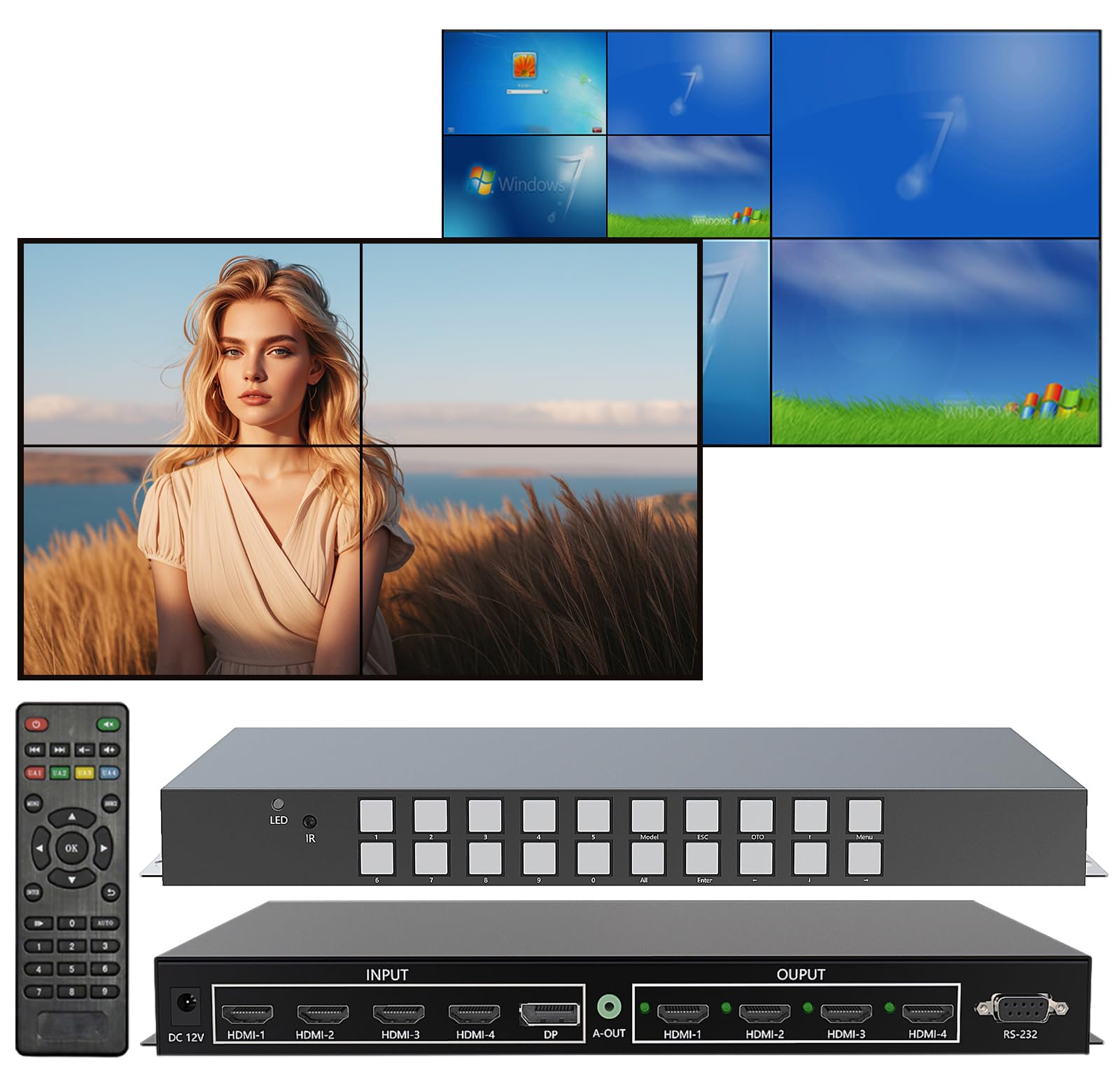 ICUIXIAN Switch a matrice HDMI 4K 4x4 senza soluzione di continuità, controller video wall multi-view 2x2 con HDMI2.0, HDCP2.2, 18 Gbps, Rs-232, video wall a matrice 4x4 2x2 (matrice video wall in