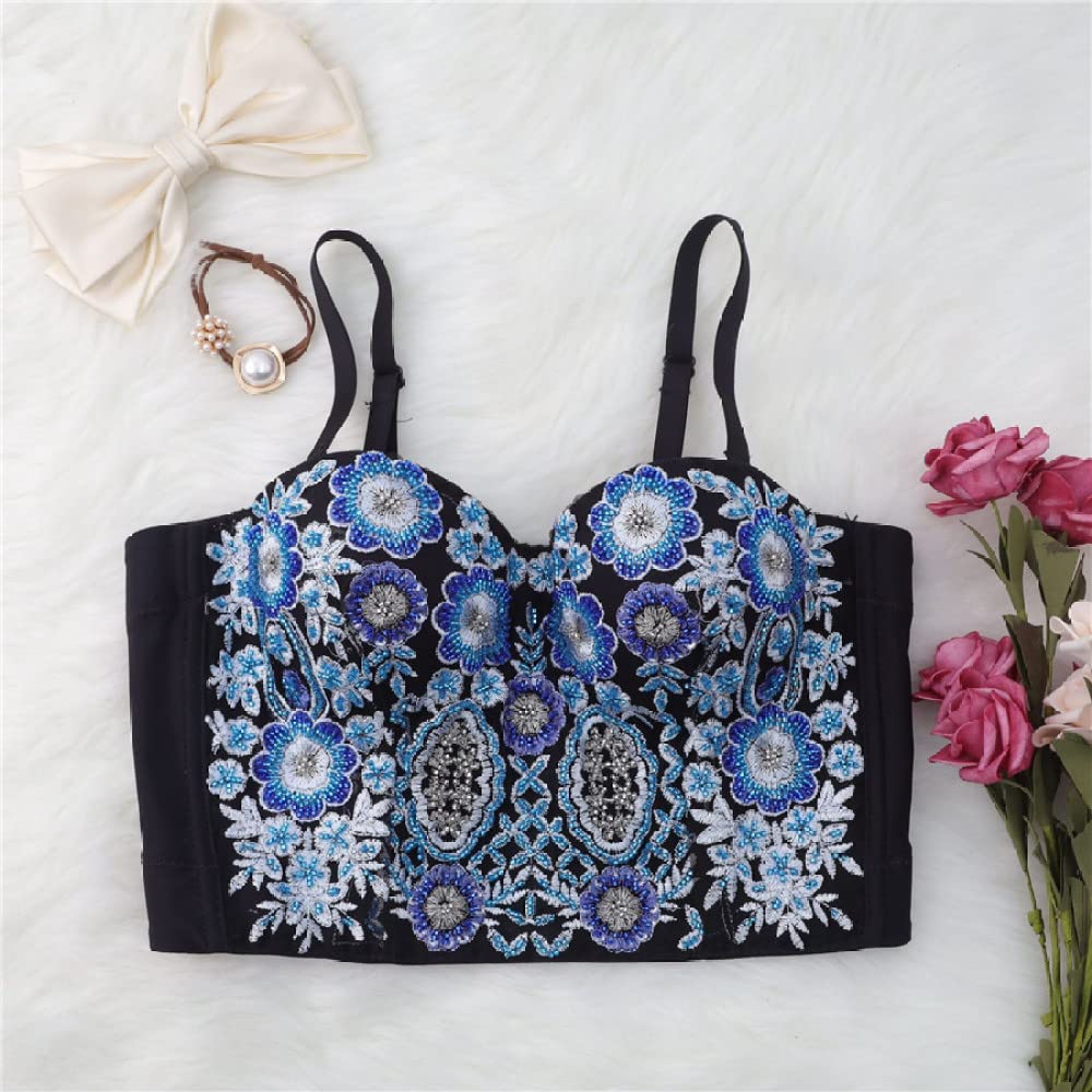 YSGE Corpetto Donna Sexy,Corsetti Sexy da Donna Classico Fiore Blu Ricamo Perline Estate Spalline Sottili Bustier Corsetto Top Push Up Crop Top Canotta Senza Schienale Gilet per Clubwear Party
