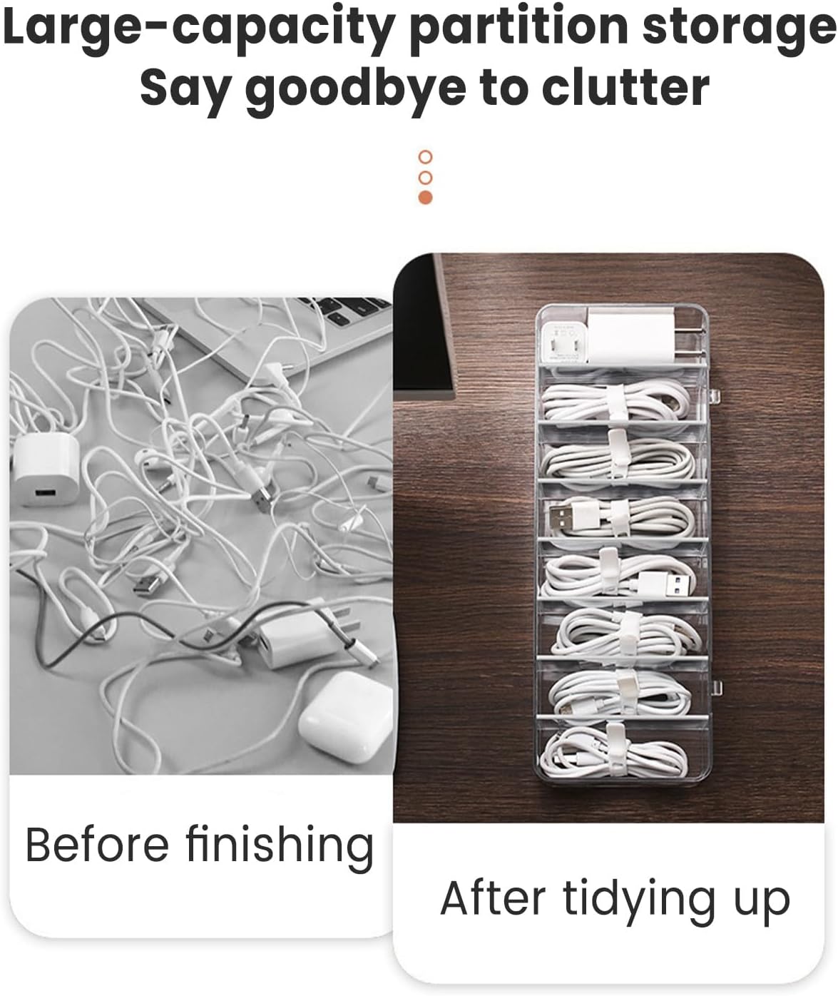 Cable Organizer Kit with 8-Compartment Cord Storage Box (without Lid) and 10 Wire Ties, Clear Plastic Desk Organizer for Cables, Chargers, Accessories for Home Office