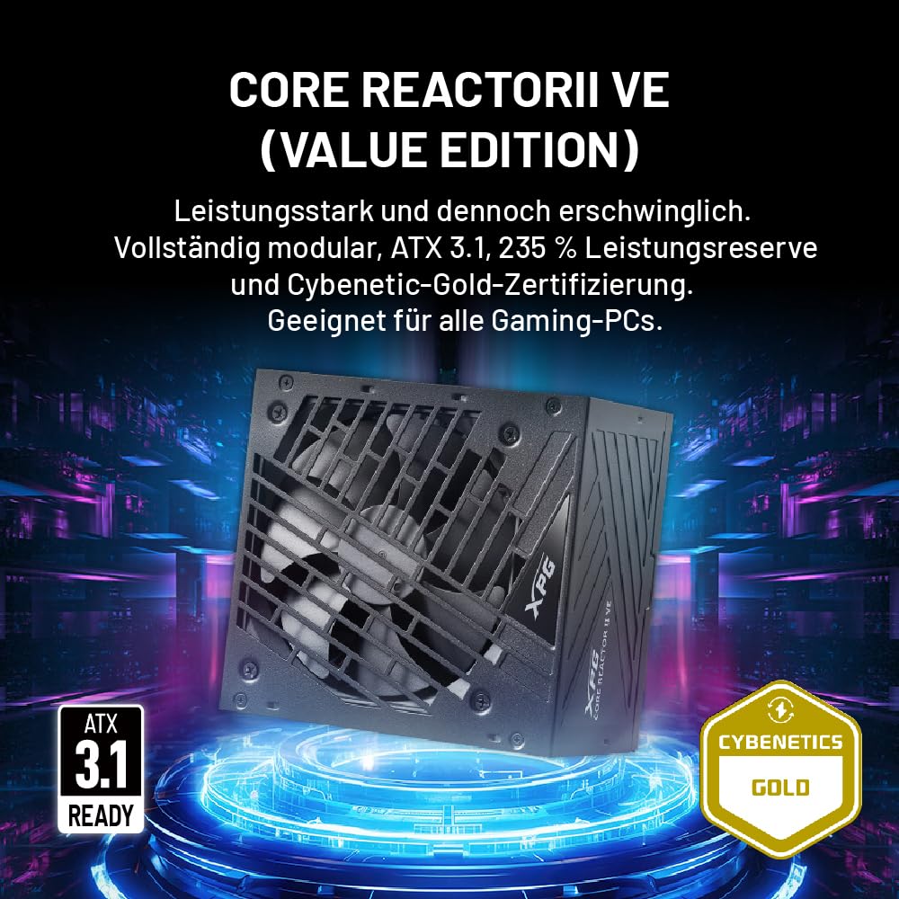 XPG Core Reactor II VE 650 W, siyah, 80 Plus Gold PSU, FDB 120 mm Fan, 140 x 150 x 86 mm, ATX 3.1 / EPS v2.92 (COREREACTORIIVE650G-BKCEU) (850 Watt)