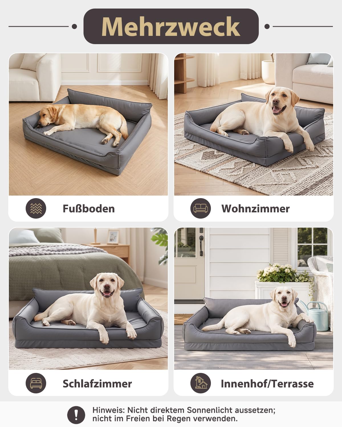 Wasserdicht Orthopädisches Hundebett,Kunstleder Hundekorb,91x68 cm,Grau | Hundekissen für Mittelgroße Hunde,Abwischbares Hundesofa mit 4 Rändern,Abnehmbarer Waschbar Bezug ,Rutschfeste Hundecouch