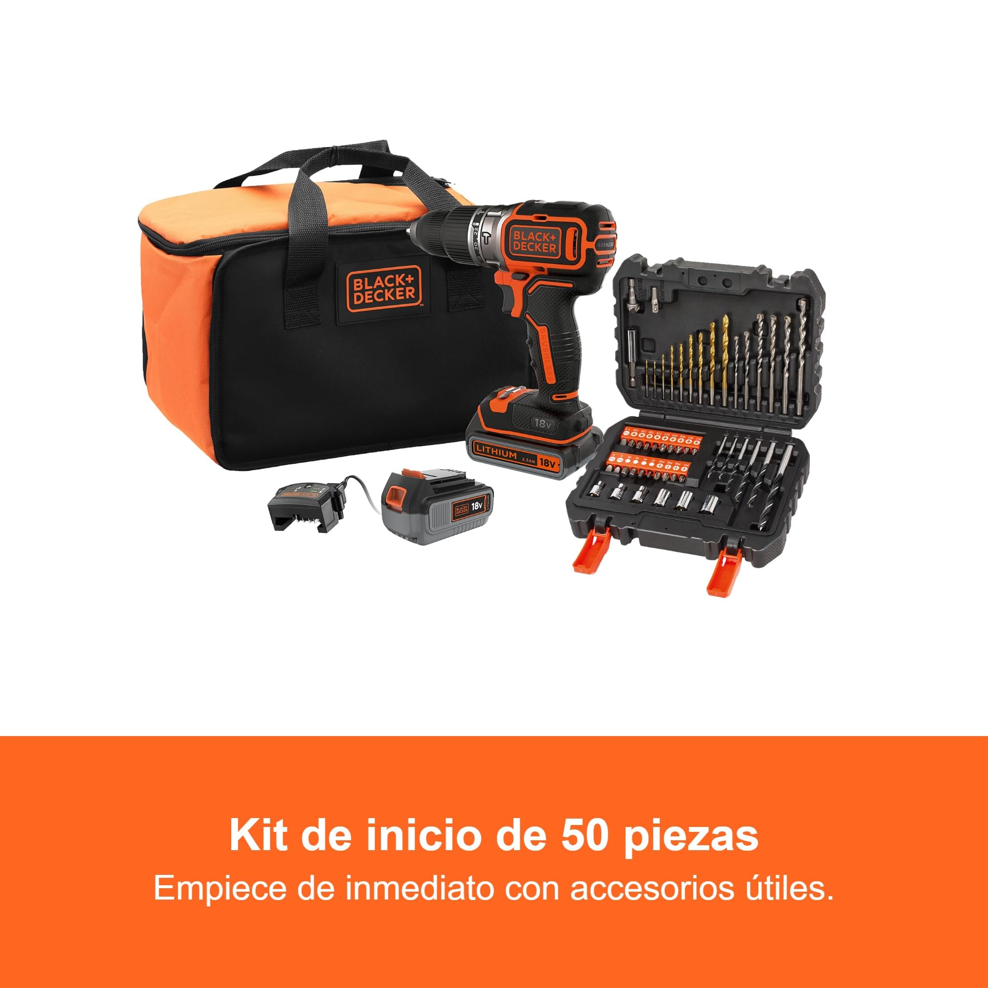 BLACK+DECKER Taladro Percutor sin Escobillas de 18V con 1 Batería de 4.0Ah y 1 Batería de 2.5Ah, 50 Accesorios, Cargador Rápido de 1A y Bolsa de Transporte, BL188ME2SA-QW