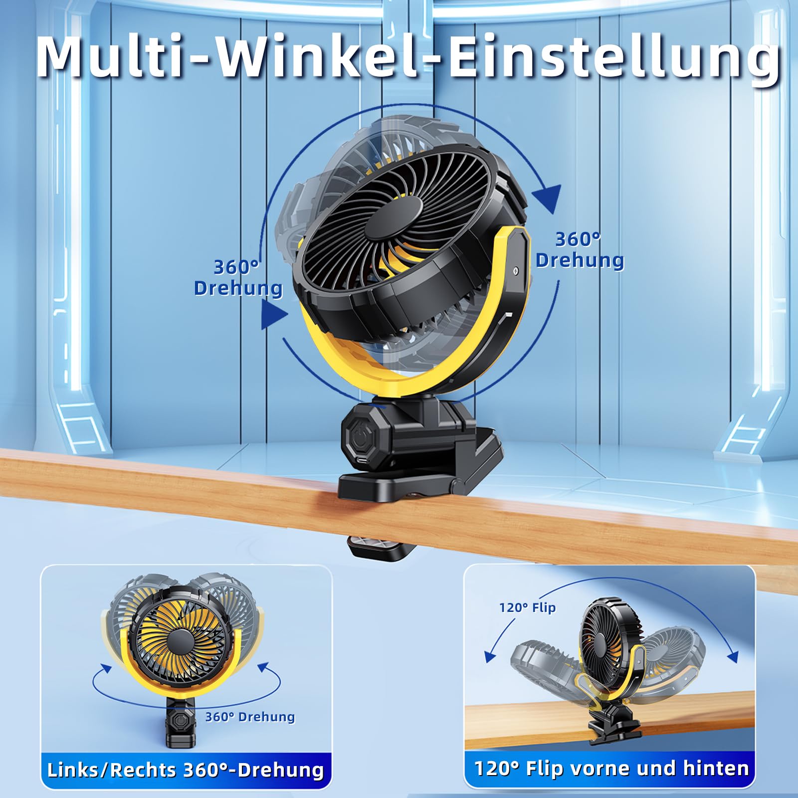 Auto Clip Ventilator mit Akku,USB C Aufladbar Leise Fan Portable Klein Klemmventilator,360° Verstellbar 3 Stufen Stark Autositz Lüfter für Car, SUV, PKW, LKW, Wohnmobil, Pickup, Van(Gelb)