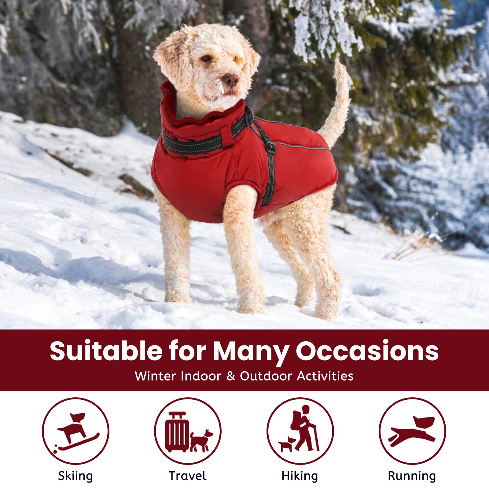 Lelepet Small Dog Coat With Harness - Warm Waterproof Fleece Jacket, Winter Reflective Vest Snow Suit for Yorkshire Papillon - Red S - Image 4