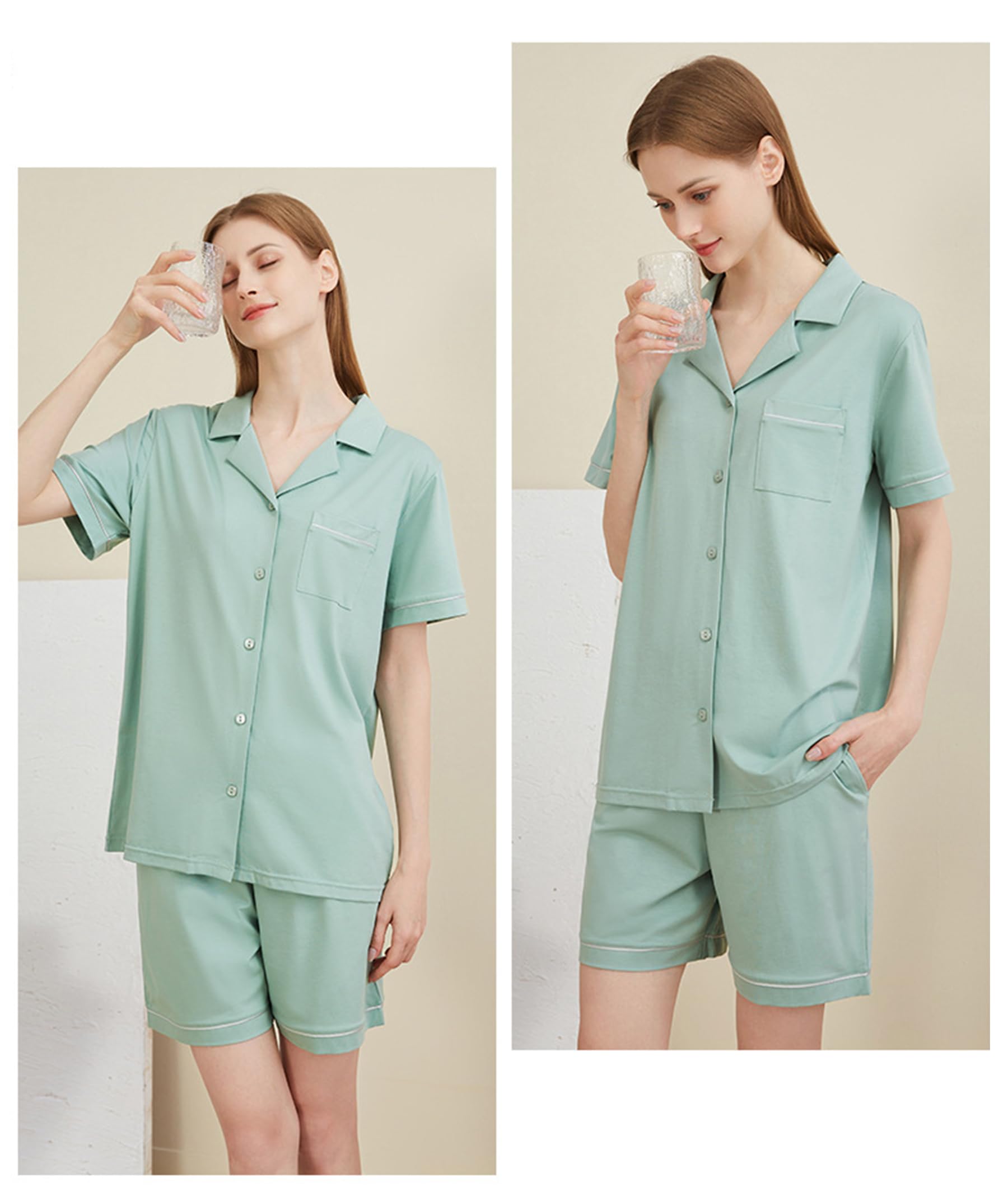 Generic Damska 2-częściowa piżama letnia cienka modalna bawełniana piżama sweter z krótkim rękawem zestaw piżam,Mint green,XXL