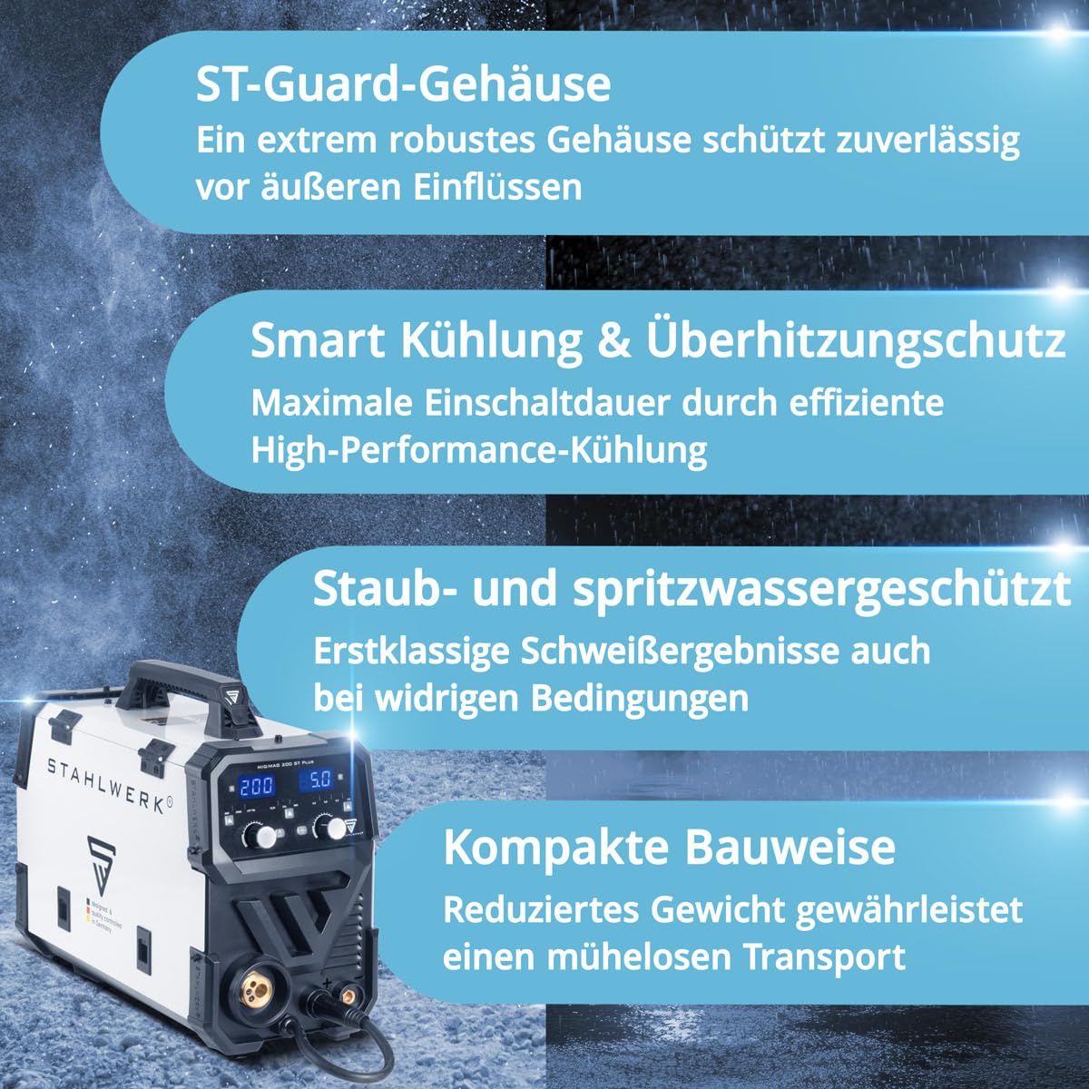 STAHLWERK Schutzgasschweißgerät MIG/MAG 200 ST – IGBT-Inverter mit 200 A und synergischem Drahtvorschub, FLUX (Fülldraht) geeignet, Lift-TIG & MMA (E-Hand/ARC) funktionsfähig